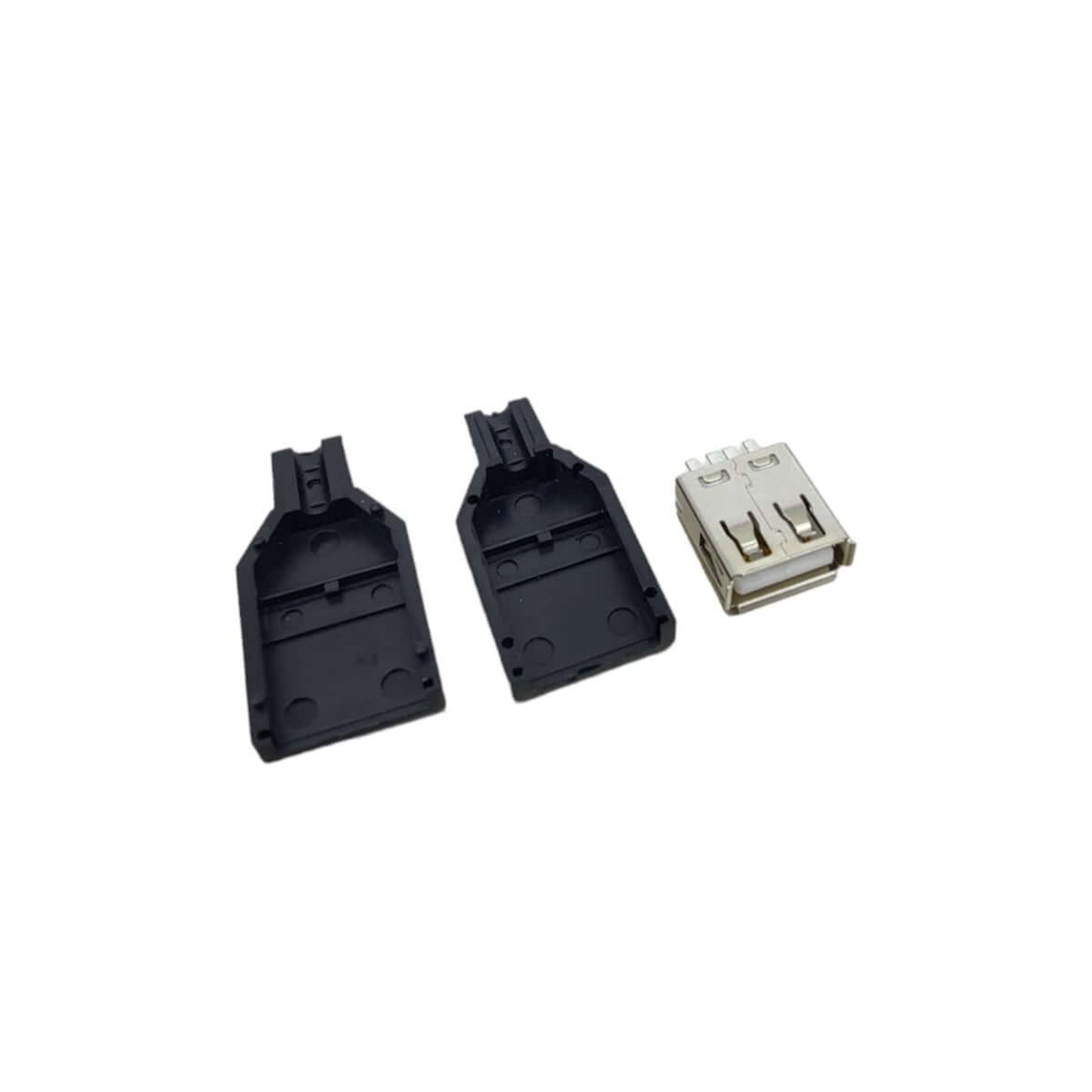 DIY USB adapter connector set with two black plastic covers and a USB Type A 4 pin male connector.
