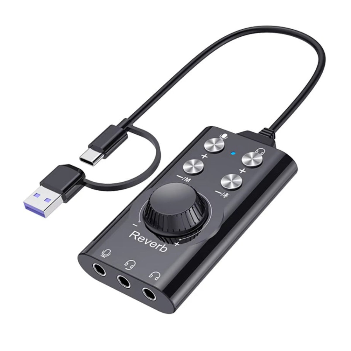 USB及Type-C雙介面外置音效卡，內置變聲器及混響功能，適合直播與電競。新昌電腦深水埗門市有售，提供技術支援。