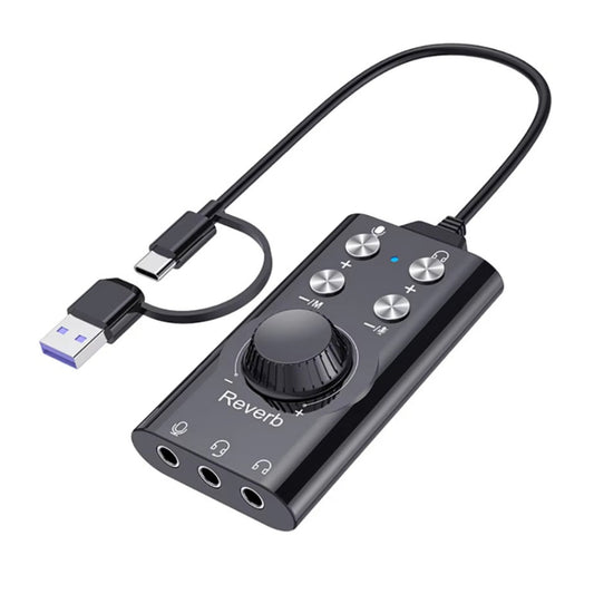 USB及Type-C雙介面外置音效卡，內置變聲器及混響功能，適合直播與電競。新昌電腦深水埗門市有售，提供技術支援。
