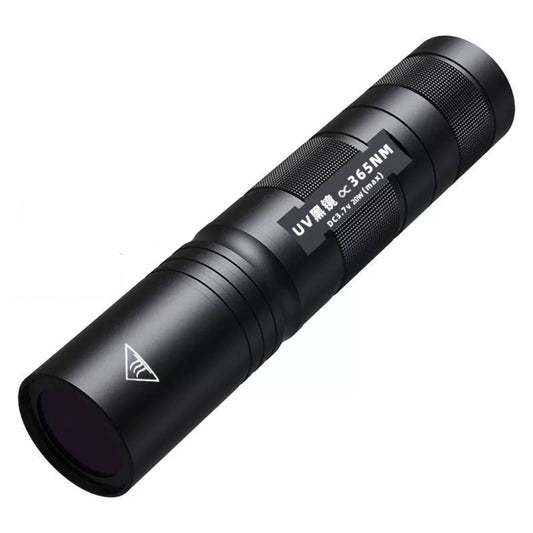 Rechargeable UV flashlight 365nm with filter for rock hunting and pet urine detection, showcasing its sleek black design.