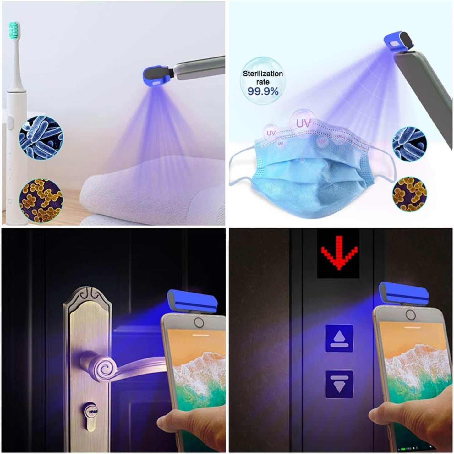 Infographic showing 99.9% sterilization rate and UV-C wavelength (253.7nm) germicidal effect