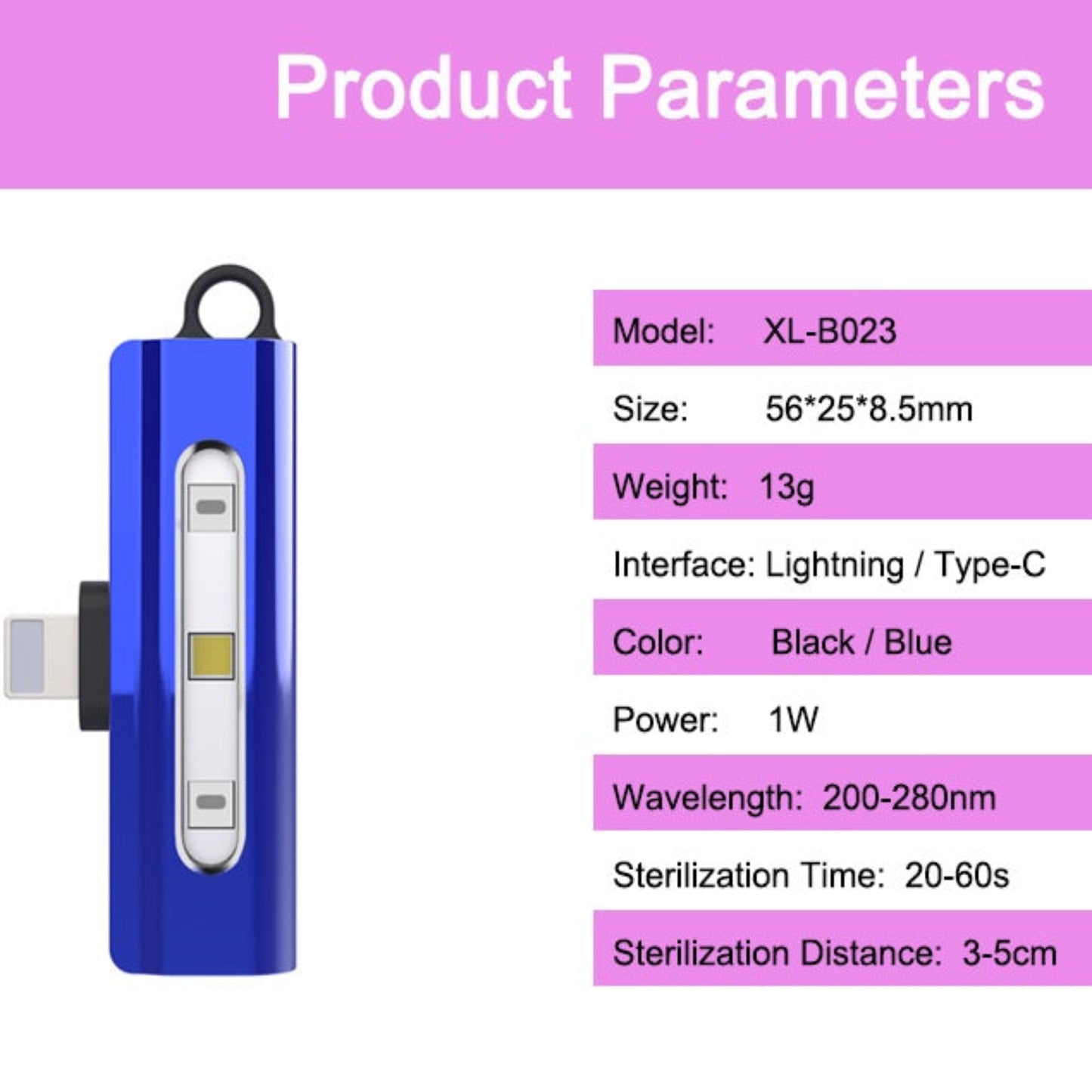 Product specifications including wavelength, sterilization time, and compatibility