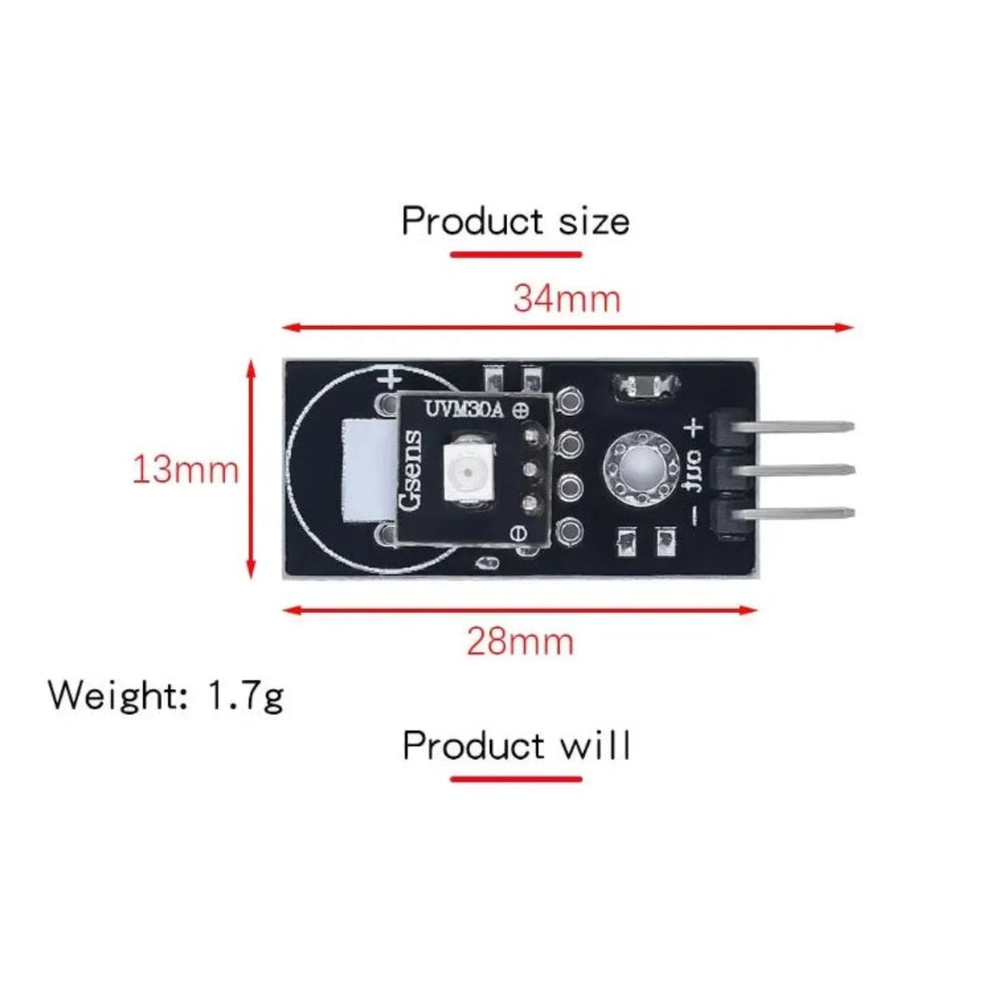 Schematic showing the physical dimensions of the UVM-30A UV sensor: 34mm length and 13mm width.