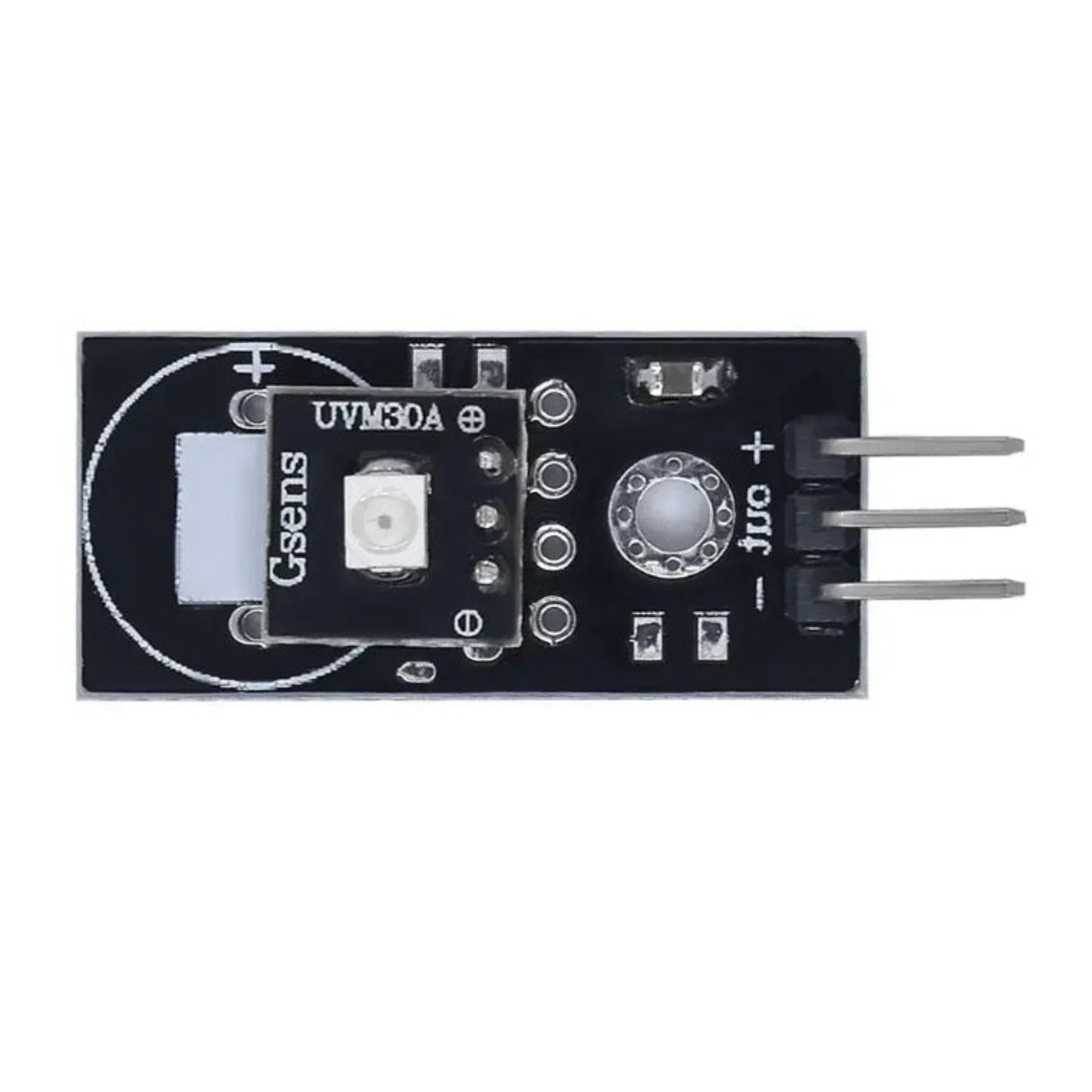 Top view of the UVM-30A UV sensor module showing the Gsens chip and 3-pin connector.