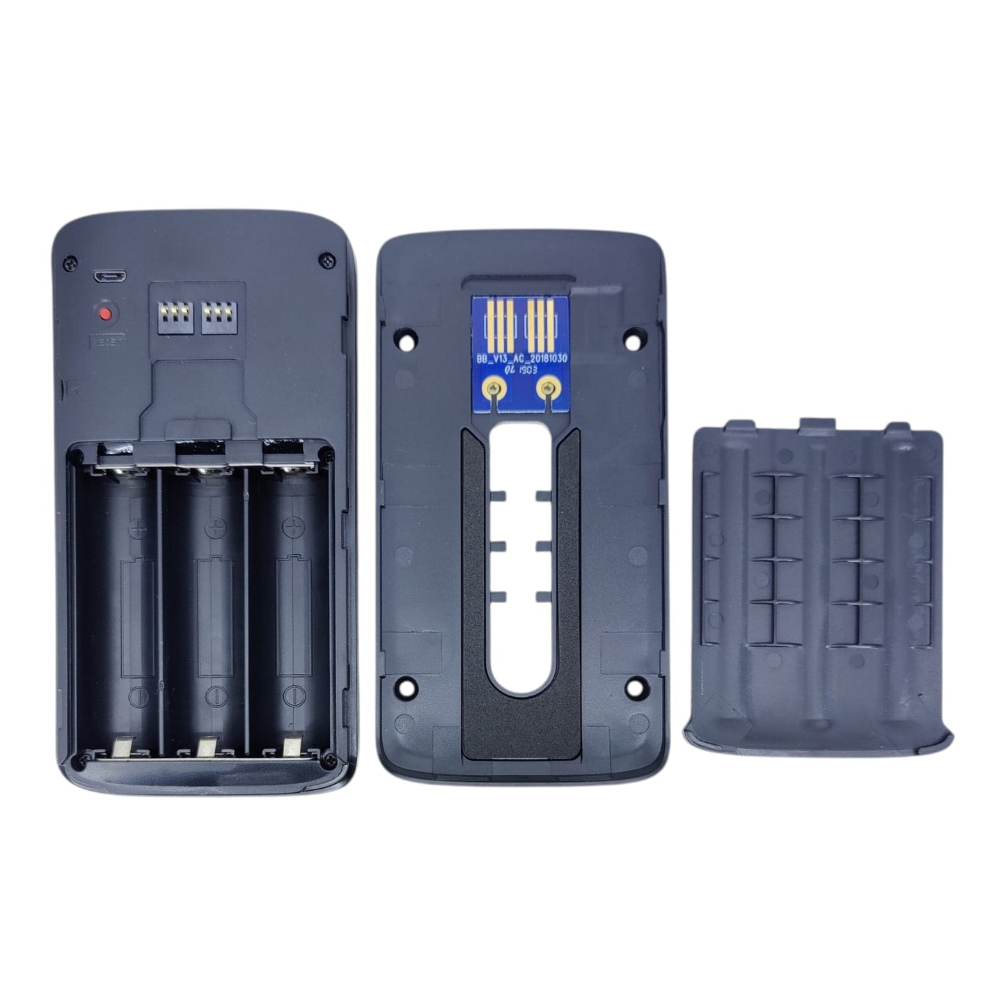 Internal view of the V5 doorbell unit showing the 3-battery slot, reset button, and circuit connection pins.