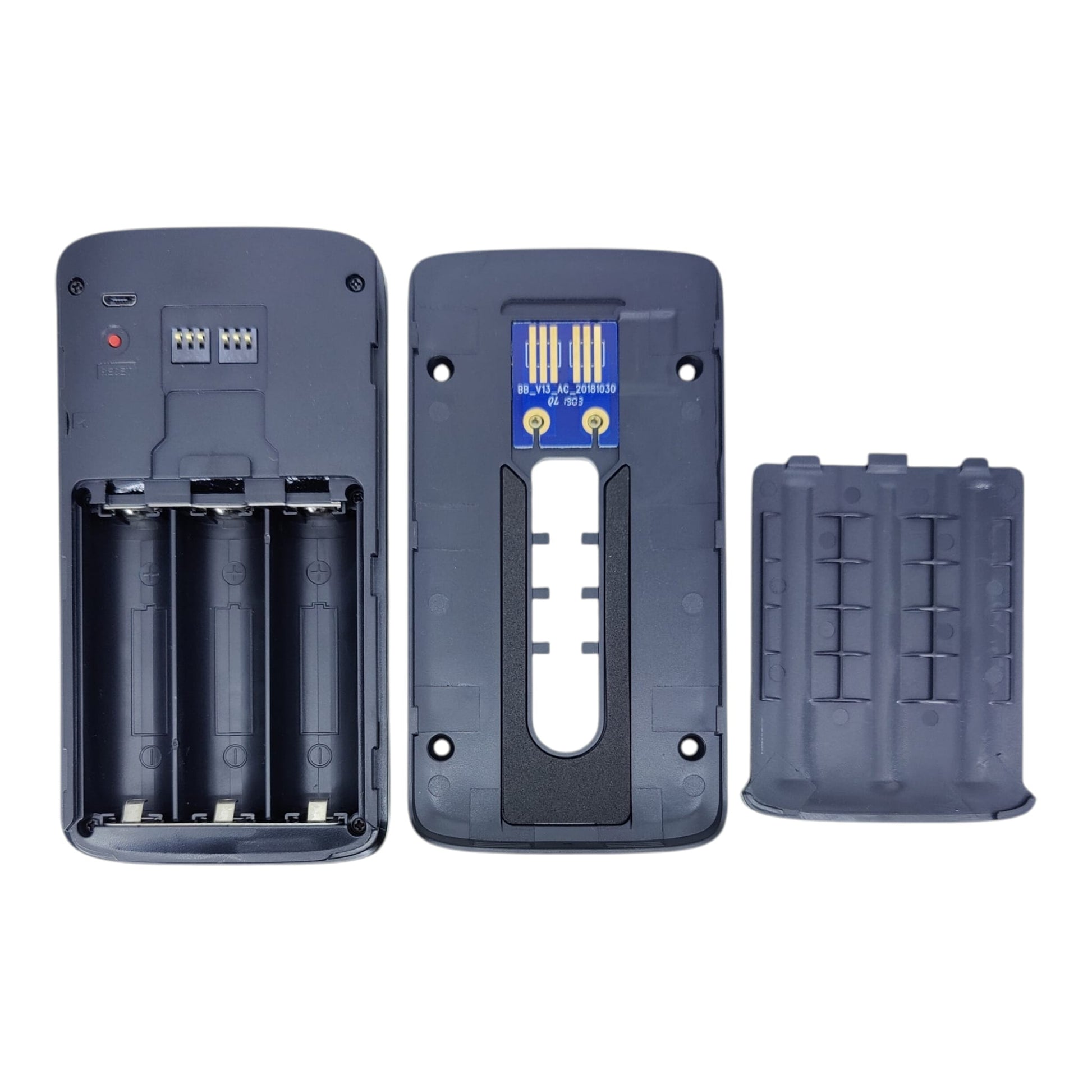 Internal view of the V5 doorbell unit showing the 3-battery slot, reset button, and circuit connection pins.