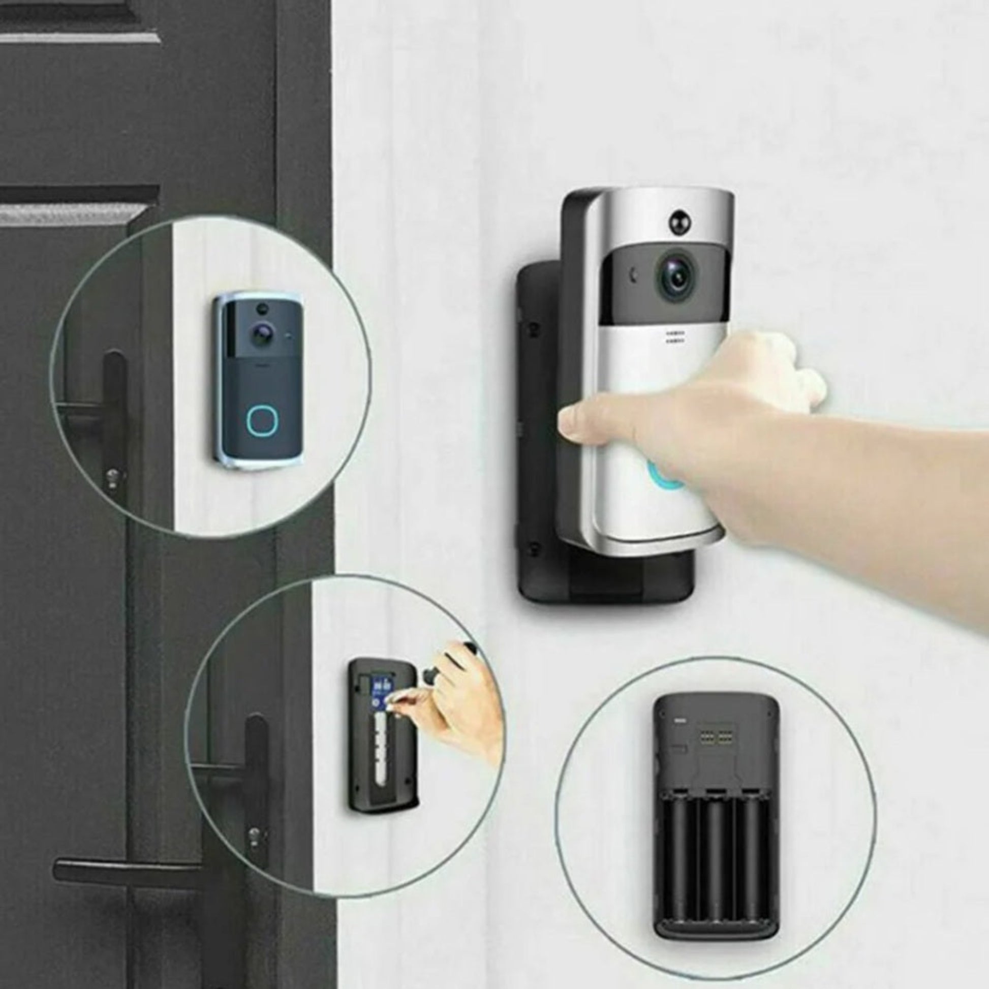 Step-by-step installation infographic showing battery placement and mounting the doorbell onto the wall bracket.