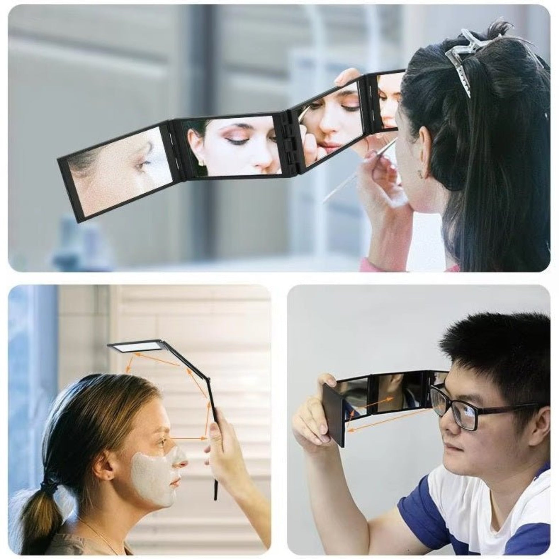4-way 360° folding mirror showing users applying makeup and skincare for detailed views.