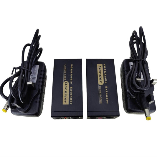 Complete package of the VGA extender, including the sender, receiver, and two DC 5V power adapters.