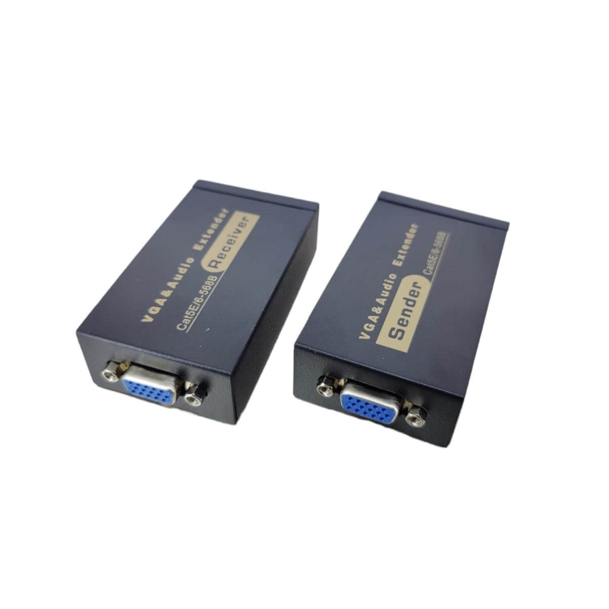 VGA and audio extender set showing the HDB15-F (VGA) ports for video signal connection.