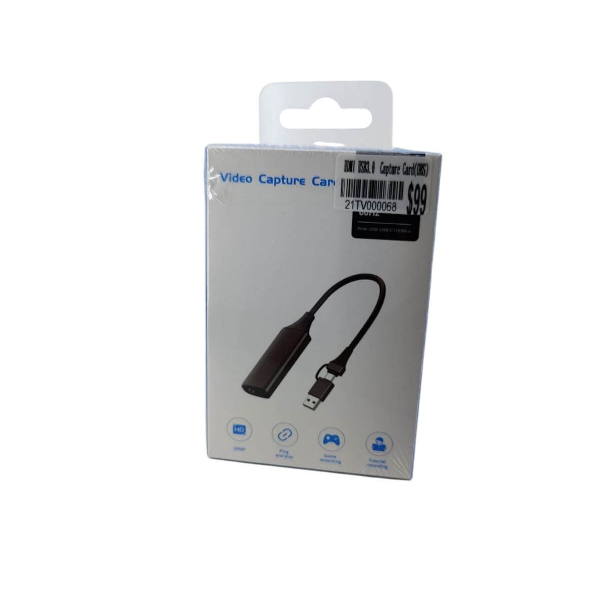 Video capture card packaging showcasing HDMI and USB connection for gaming and streaming.