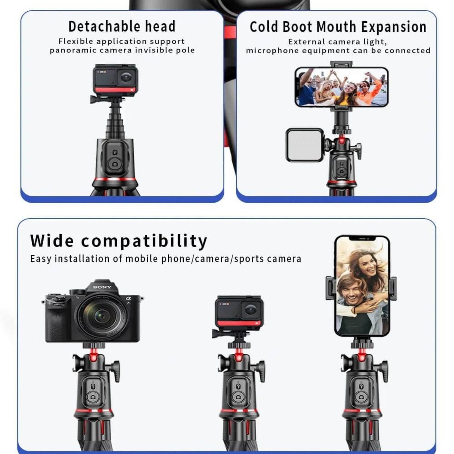 Cold shoe expansion for external microphone and LED light; compatible with DSLR, GoPro, and phone.