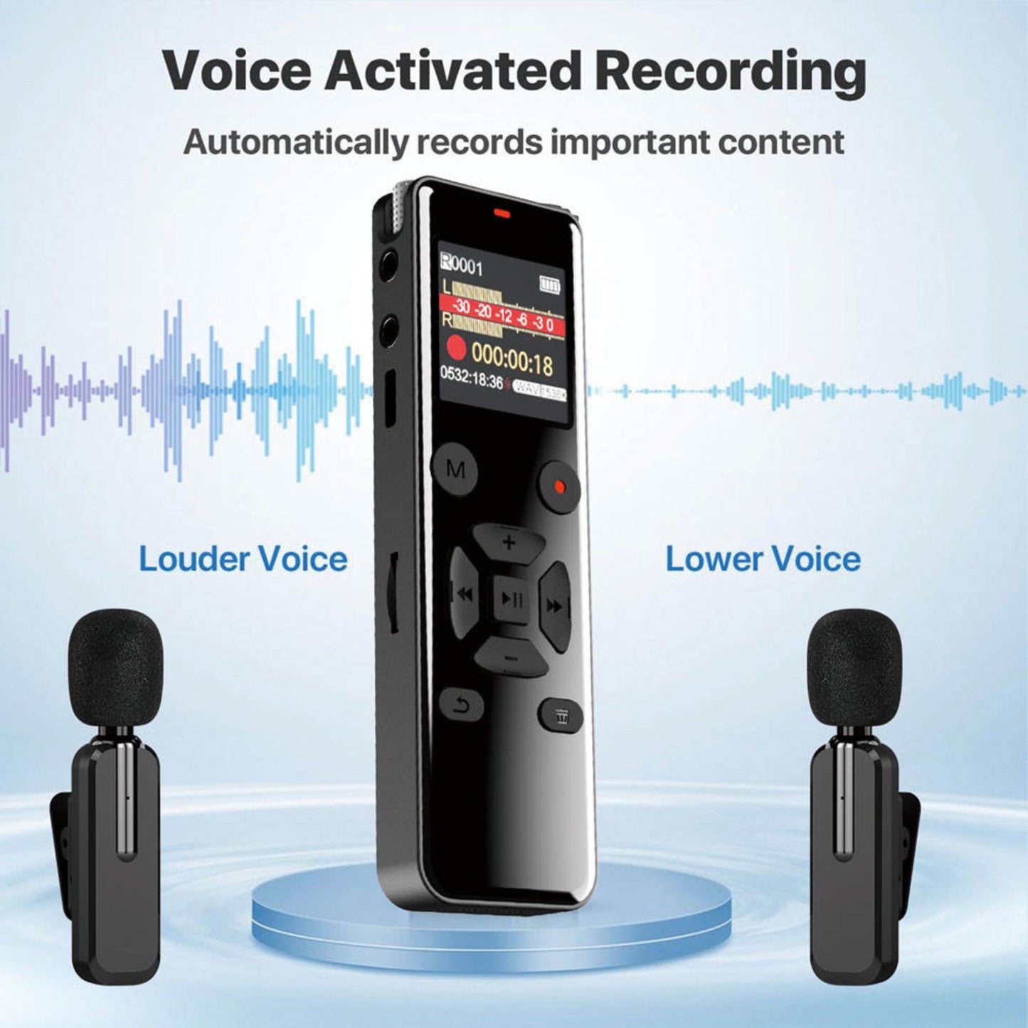 Voice activated recording feature on L691 recorder showing automatic sound detection levels.