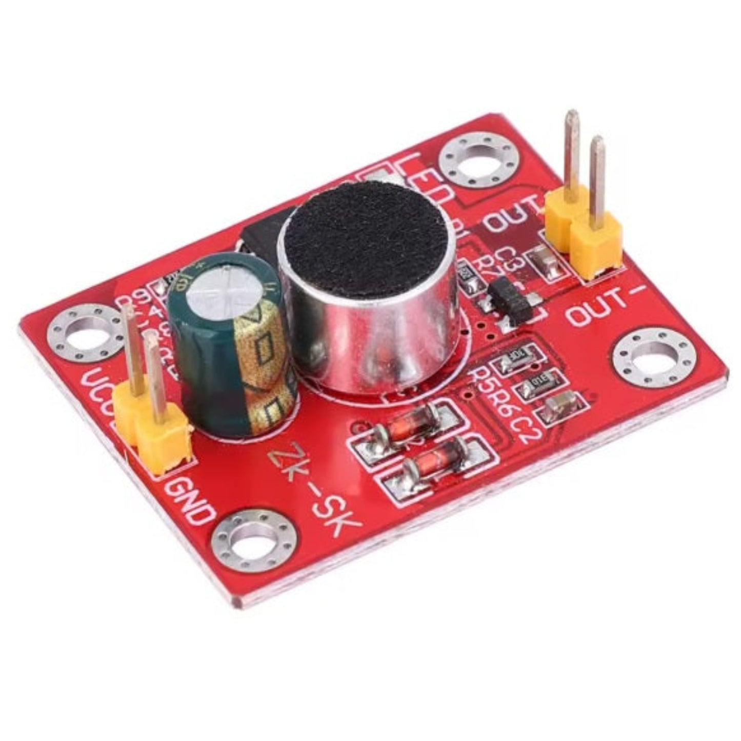 Angled view of the ZK-SK voice control delay switch module, showing the microphone, capacitor, and output pins.