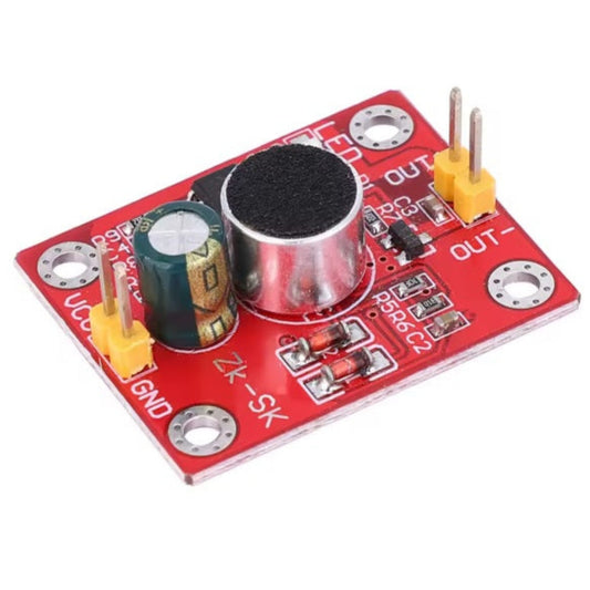 Angled view of the ZK-SK voice control delay switch module, showing the microphone, capacitor, and output pins.