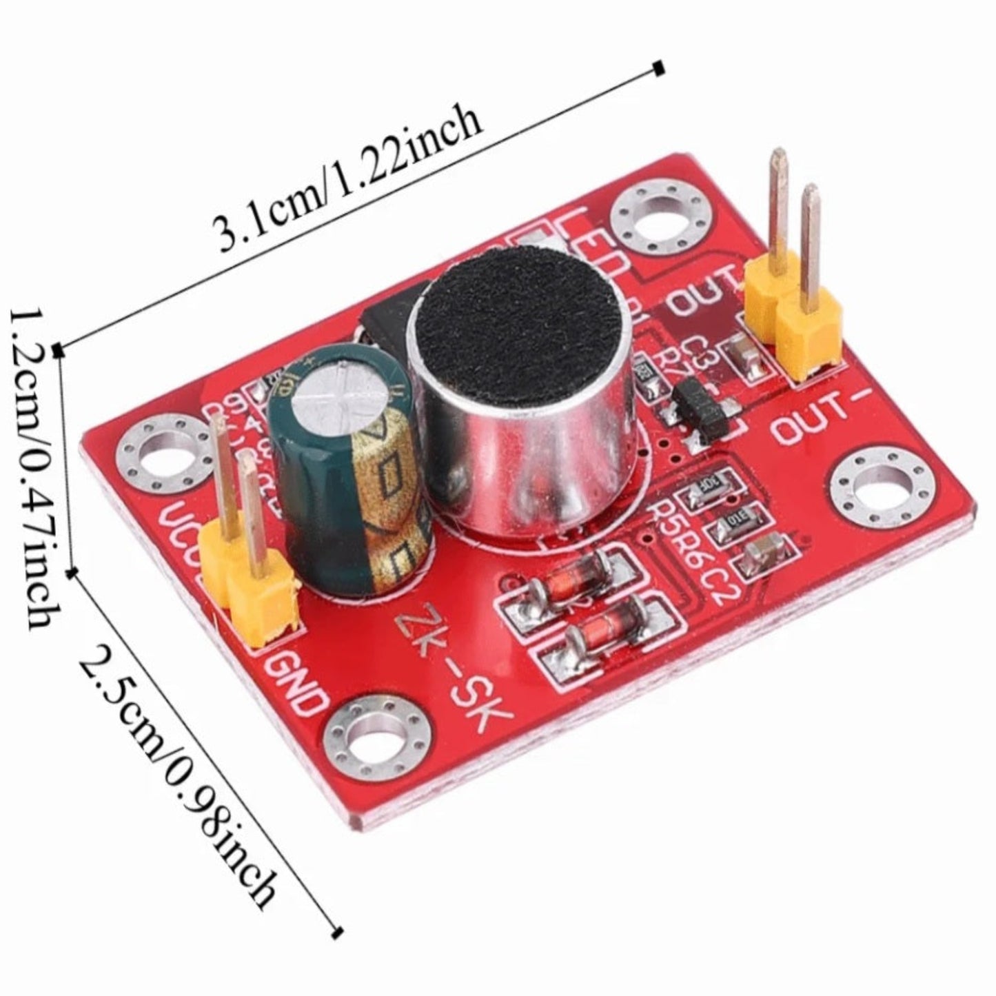 The ZK-SK voice control module shown with its dimensions: 3.1cm x 2.5cm x 1.2cm.