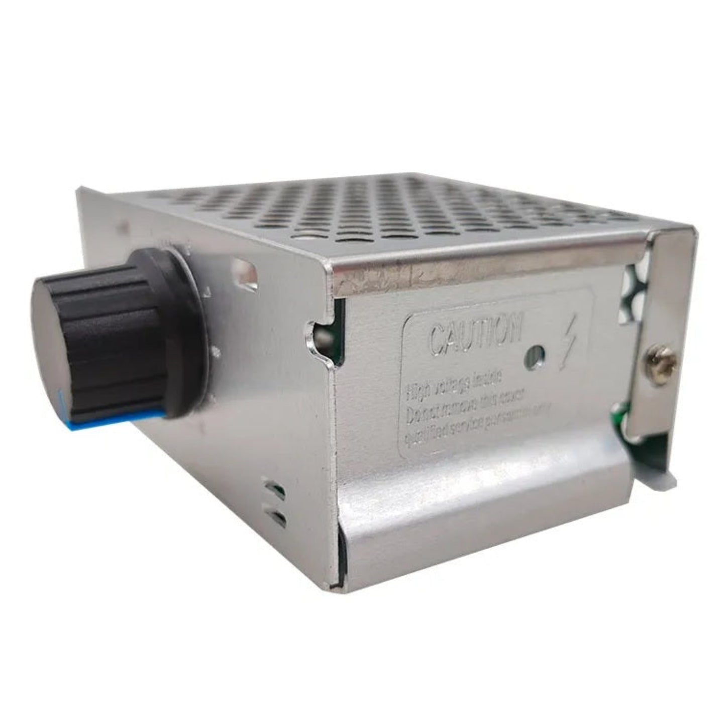 Side view of voltage regulator showing caution high voltage warning label