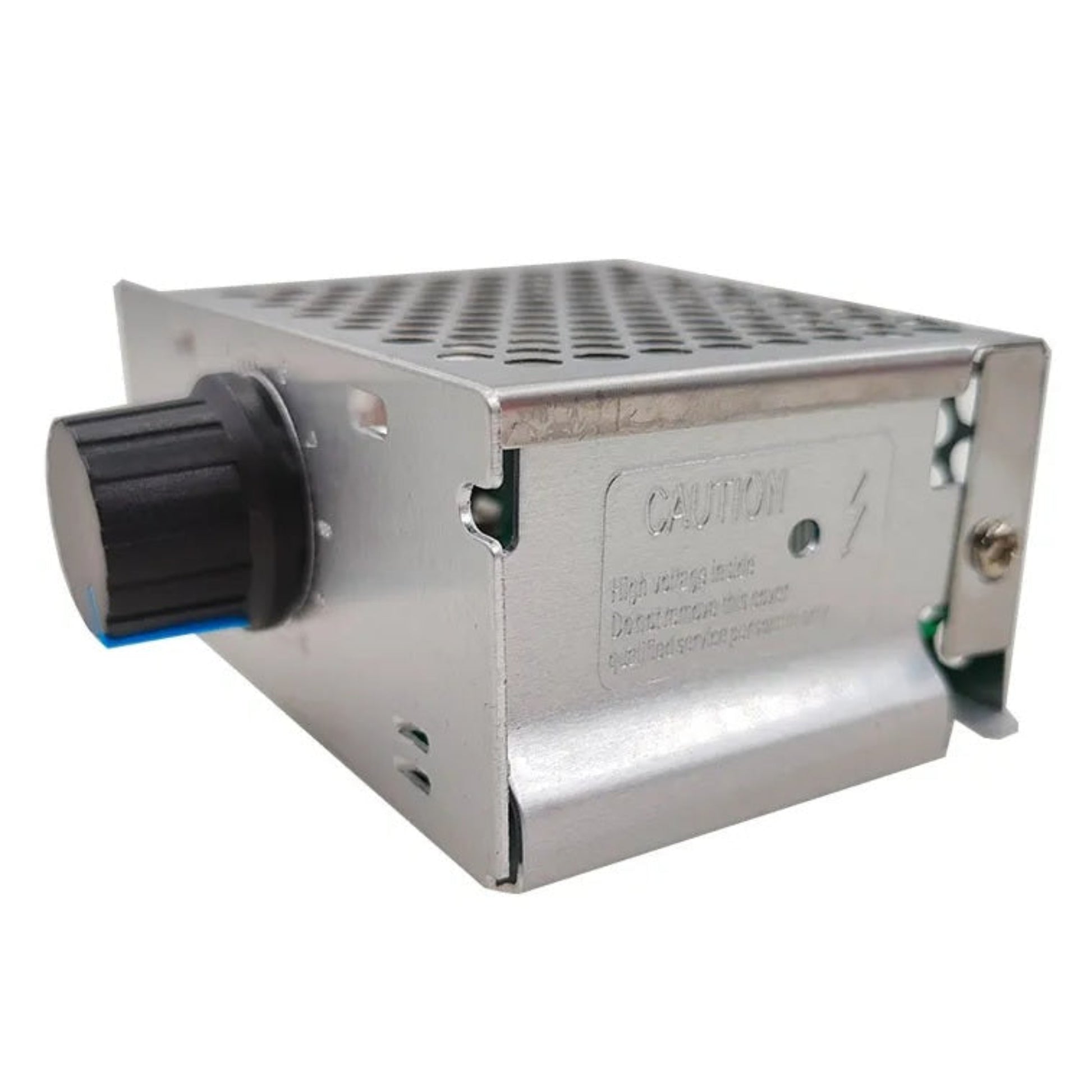 Side view of voltage regulator showing caution high voltage warning label