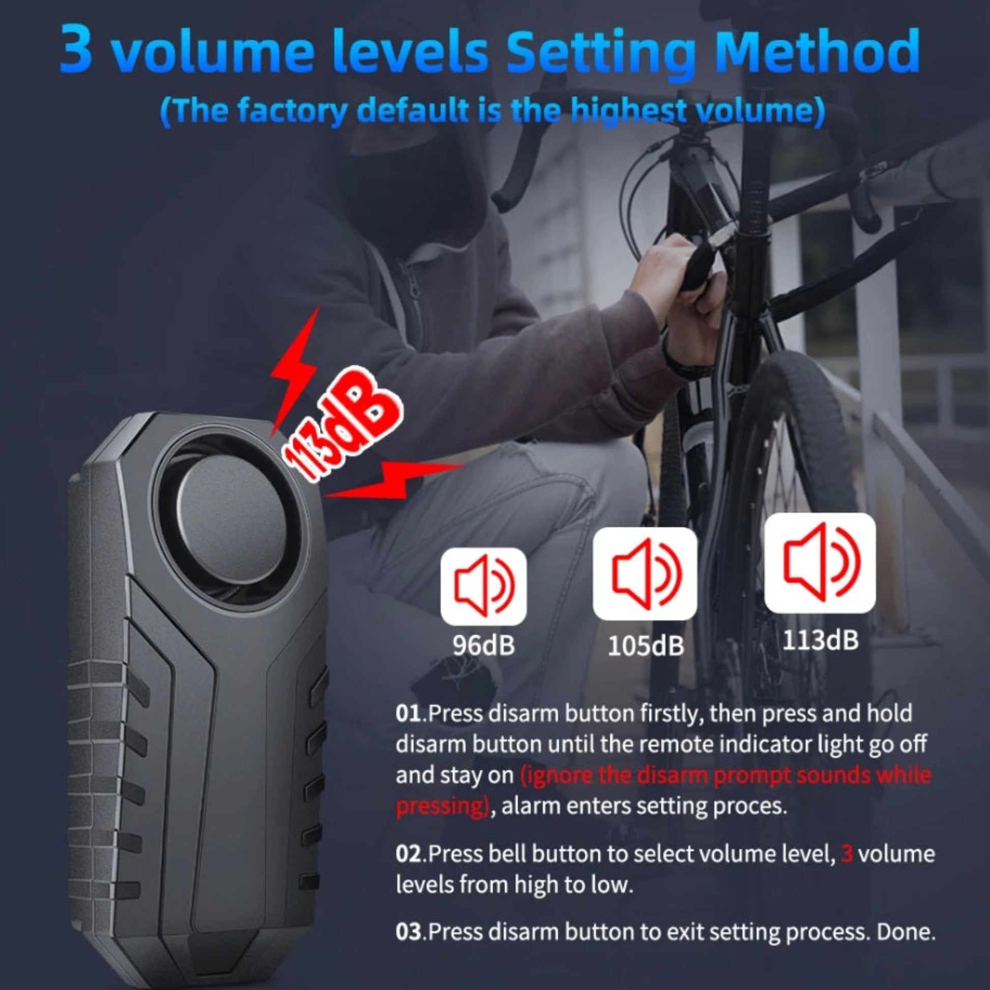 A visual guide showing the bike alarm's three volume levels: 96dB, 105dB, and a loud 113dB.
