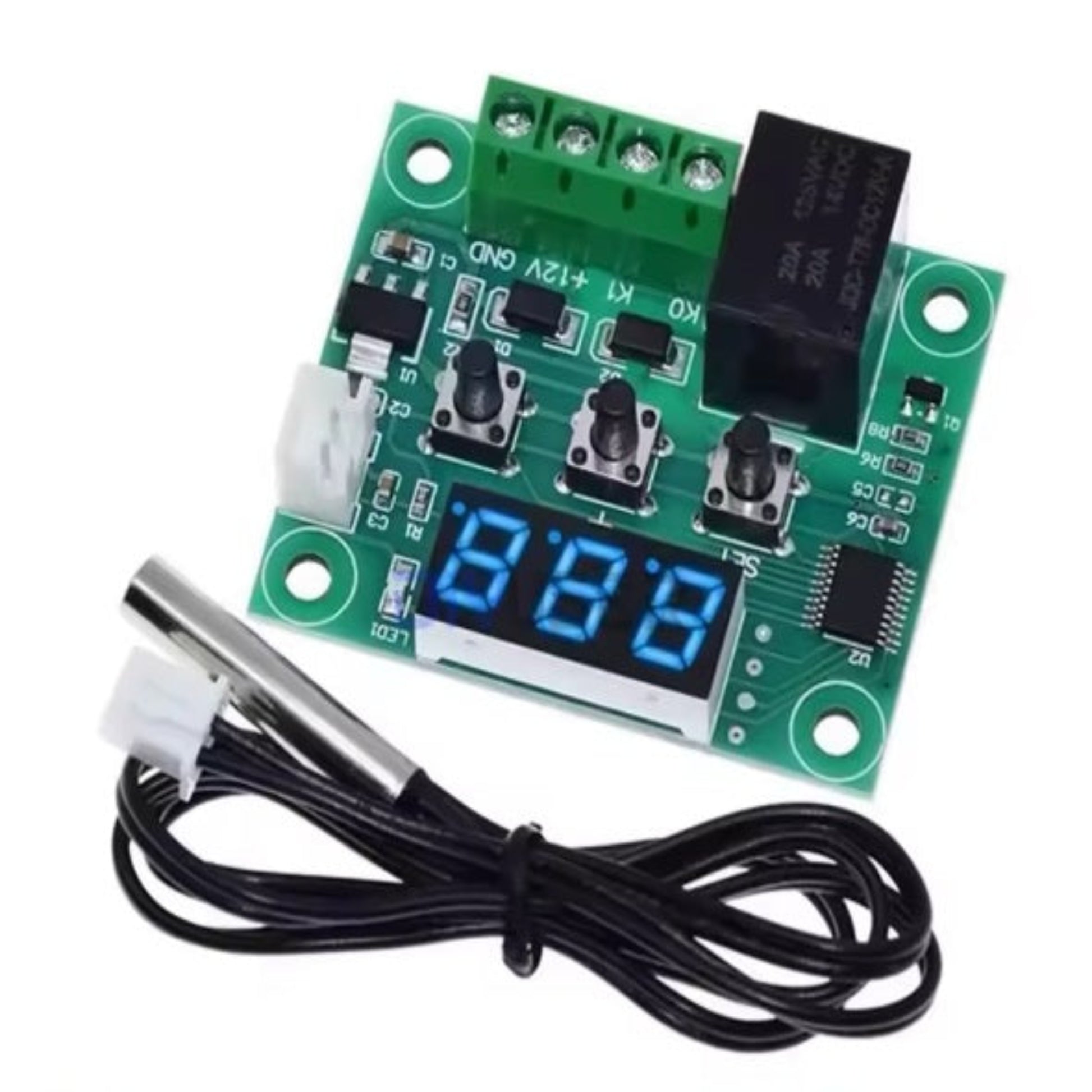 Electronic temperature control board with digital display on a white background