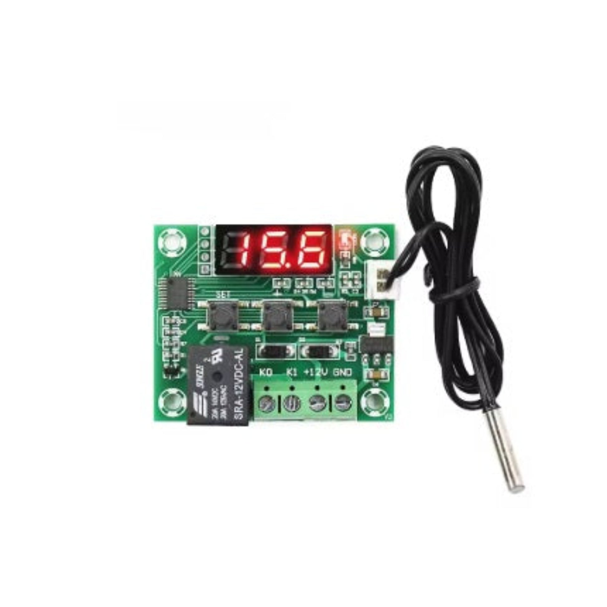 Temperature control board with digital display and thermocouple on a white background