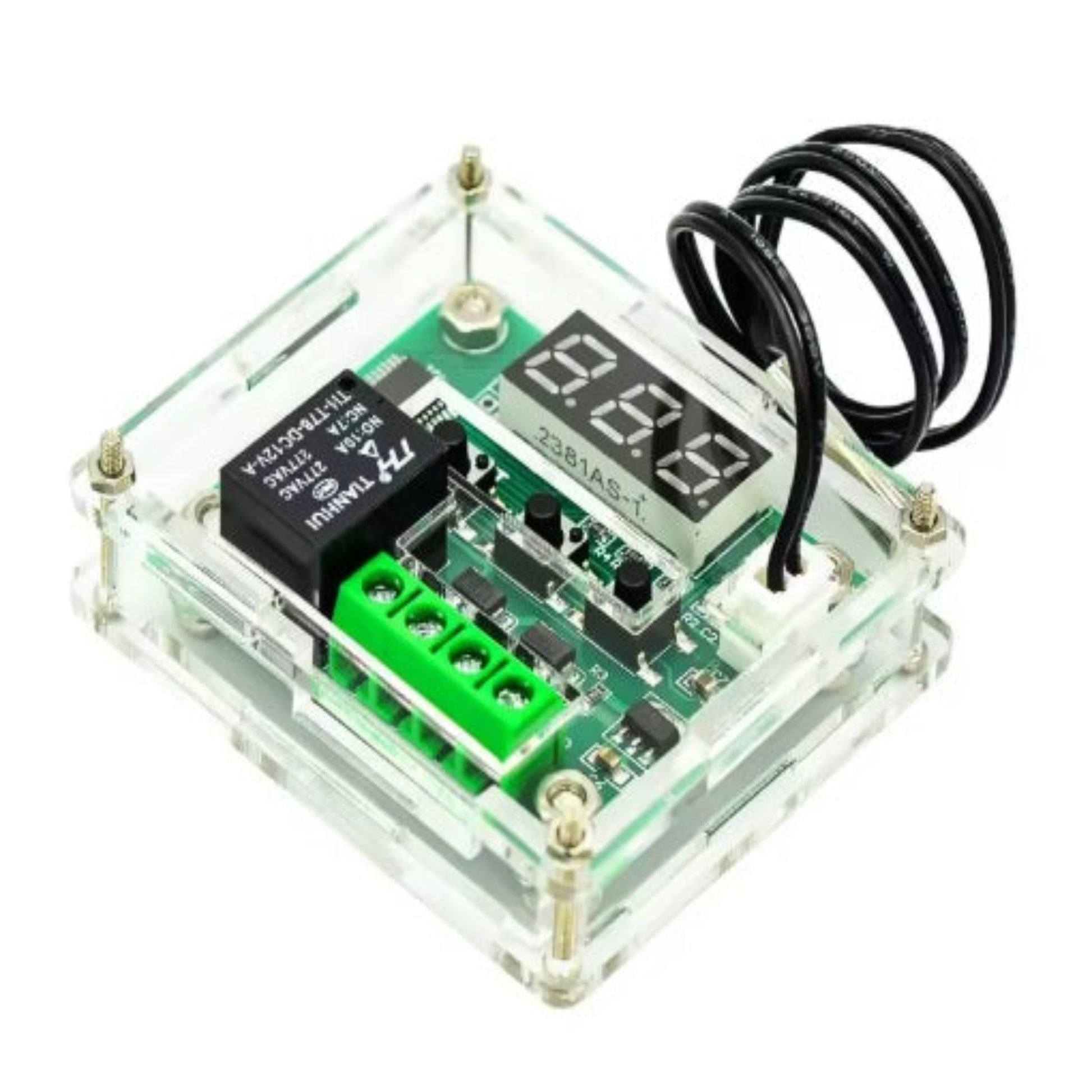 W1209 12V DC digital thermostat temperature controller shown assembled in its clear acrylic case.
