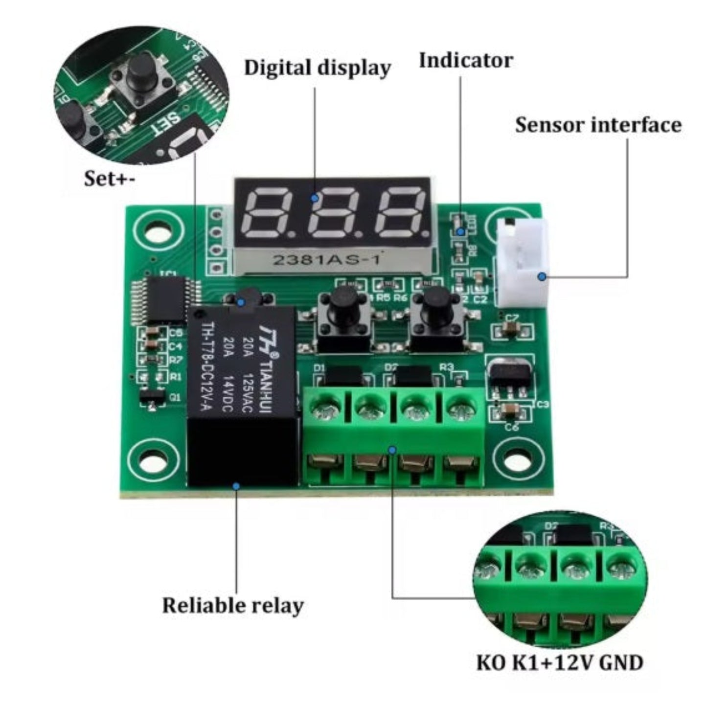 An annotated image of the W1209 thermostat pointing out the digital display, relay, and sensor interface.