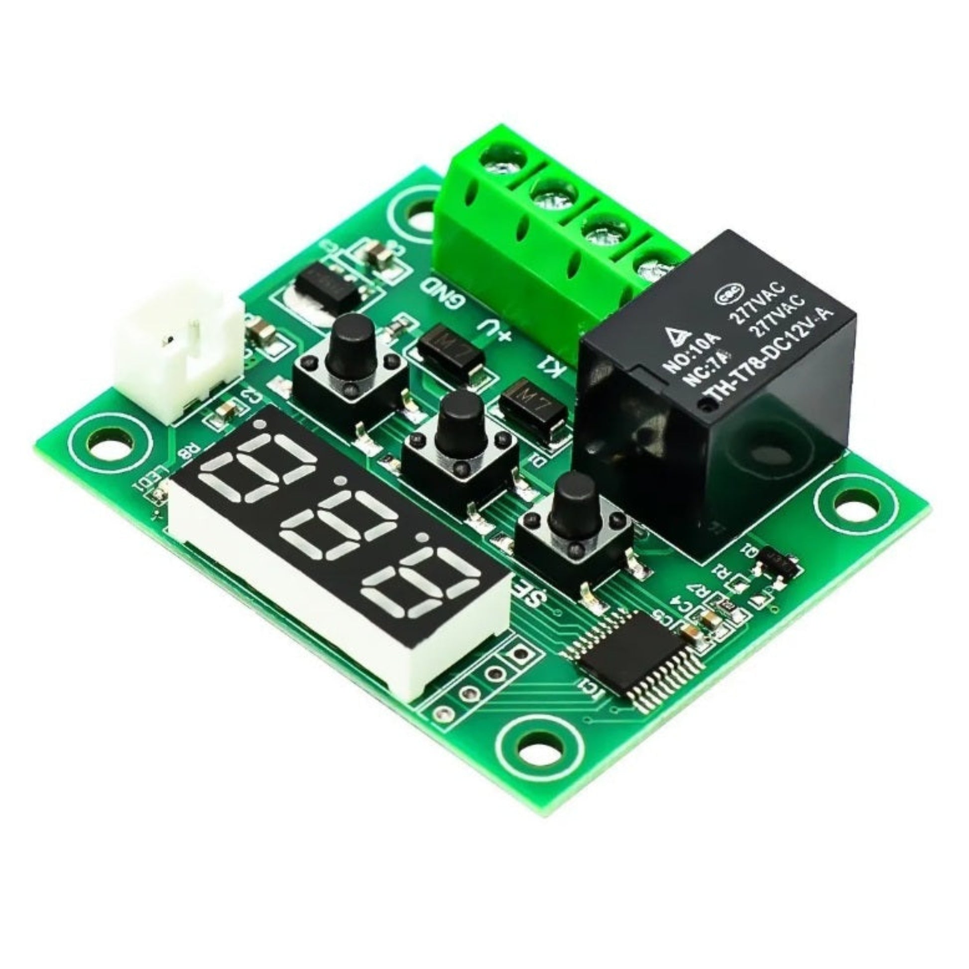 Top-down view of the W1209 thermostat module PCB, showing the relay, display, and green terminal block.