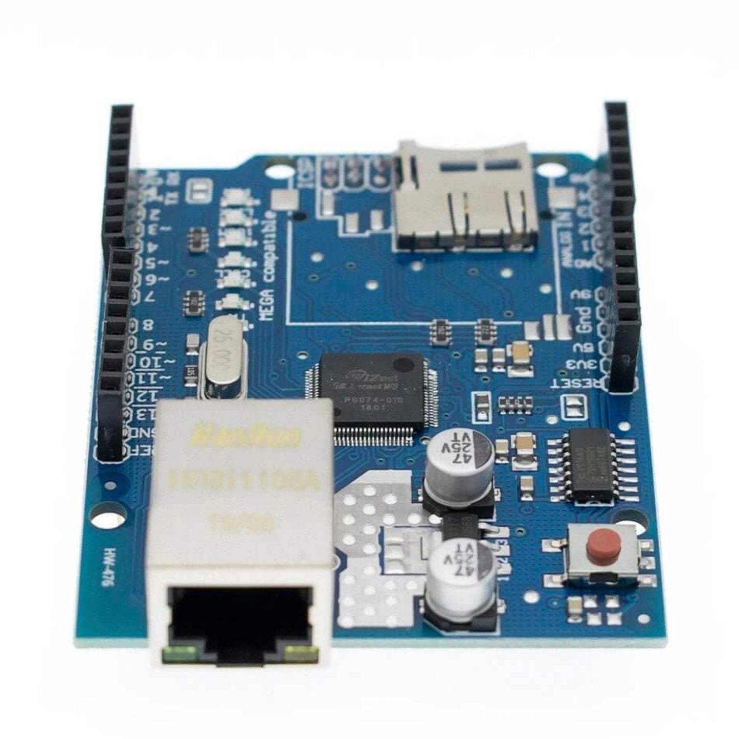 Close-up of the W5100 Ethernet development board, Mega compatible, with SD slot for network and data logging.