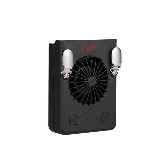 GongTian W920B black portable waist clip fan with metal clips and 3-speed indicator lights.