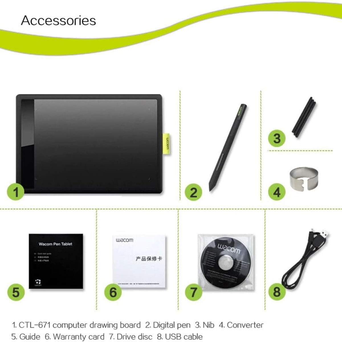 Wacom CTL-671 包裝配件清單，包括繪圖板、筆、替換筆尖、USB 線及說明書等。