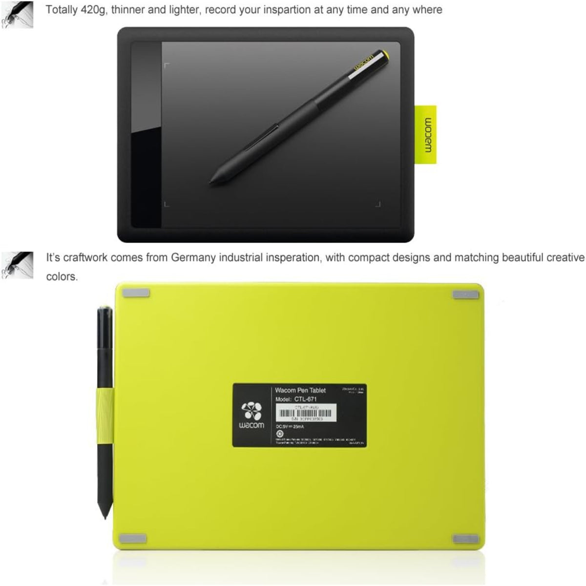 Wacom CTL-671 繪圖板背面為青綠色設計，機身輕巧僅重 420g，方便攜帶。   