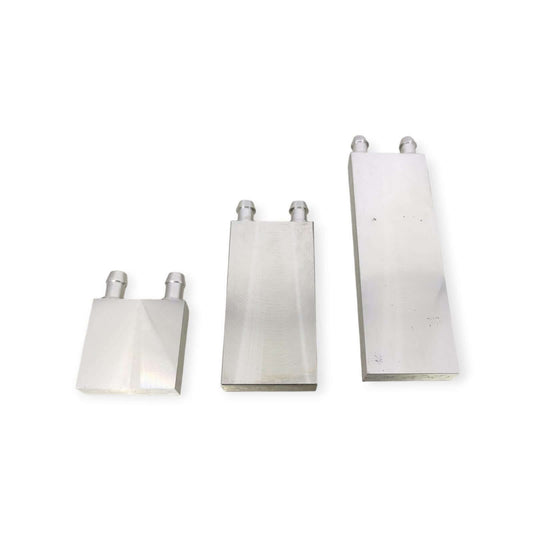 Three aluminum water cooling blocks in varying sizes for efficient thermal management of CPU, GPU, and industrial applications.