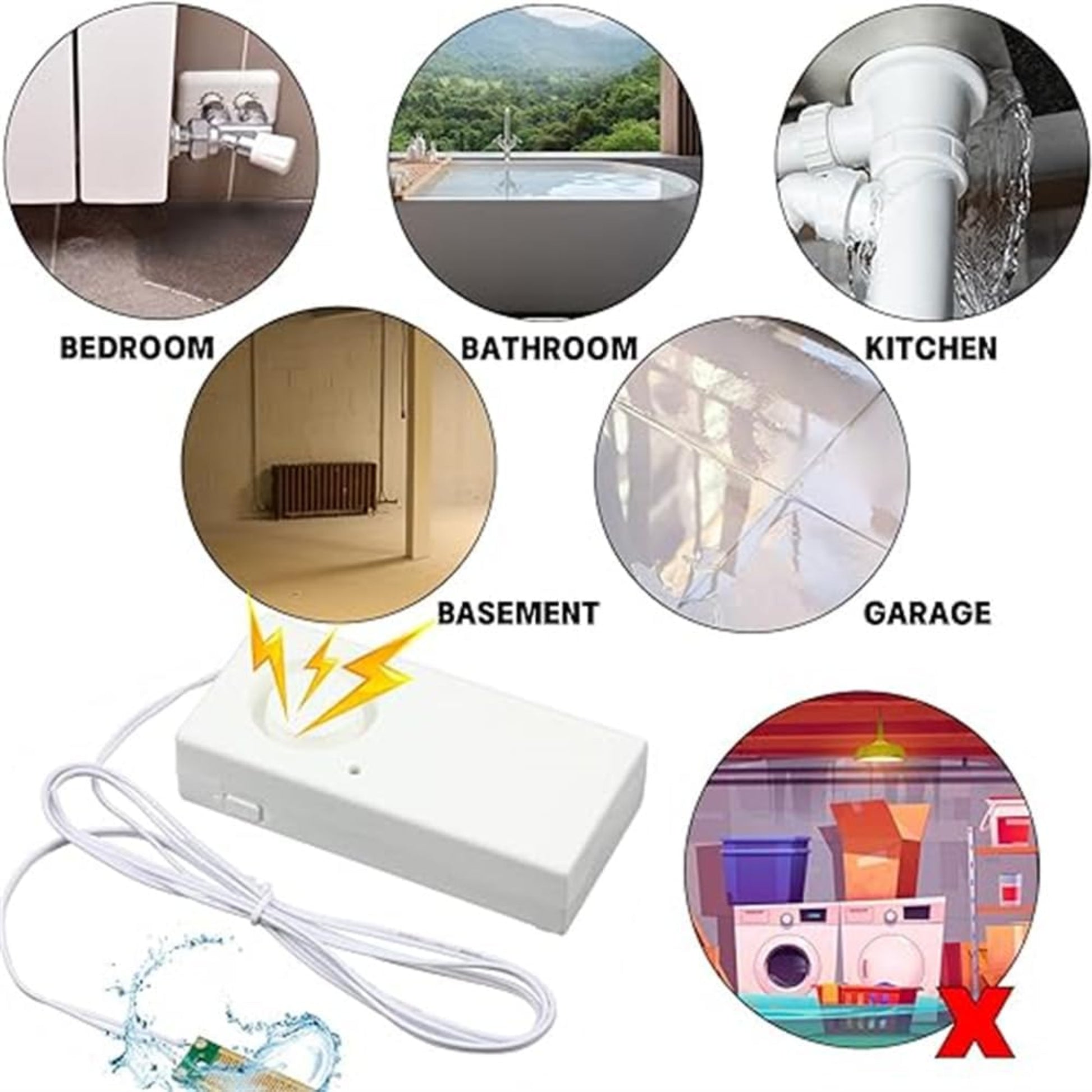 9V water leak alarm sensor and application areas: bedroom, bathroom, kitchen, basement, garage, and flood detection.