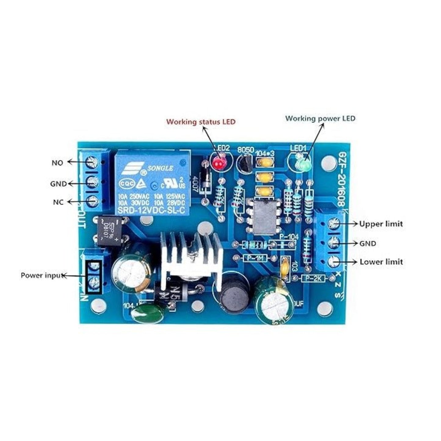 Water level controller module PCB showing relay, LEDs, and wiring labels for automation in tanks and pumps.