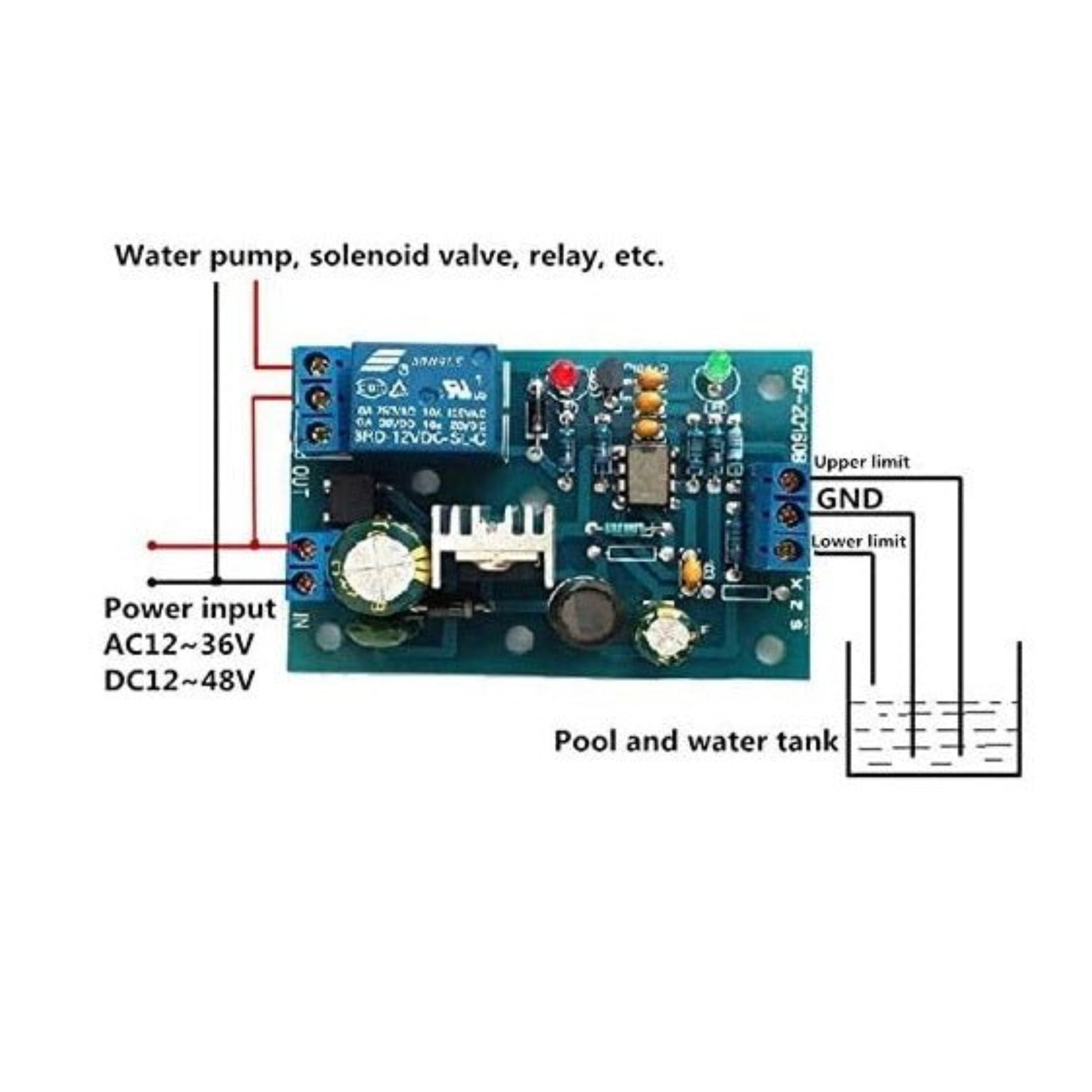 Water Level Controller Module schematic showing connections for pump and sensors with power input specifications