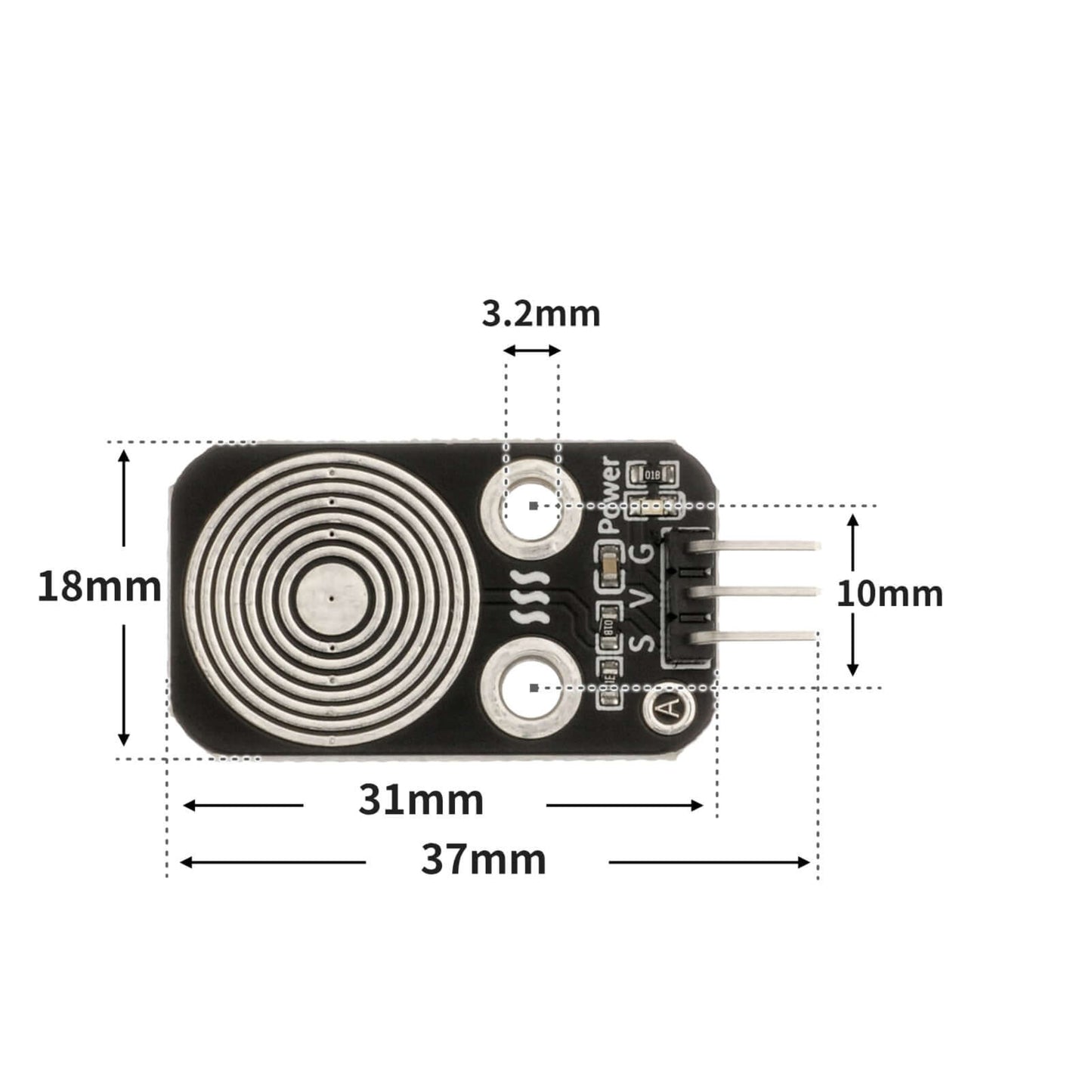 3-5V water vapor sensor module for Arduino, humidity detection board with specifications and dimensions.