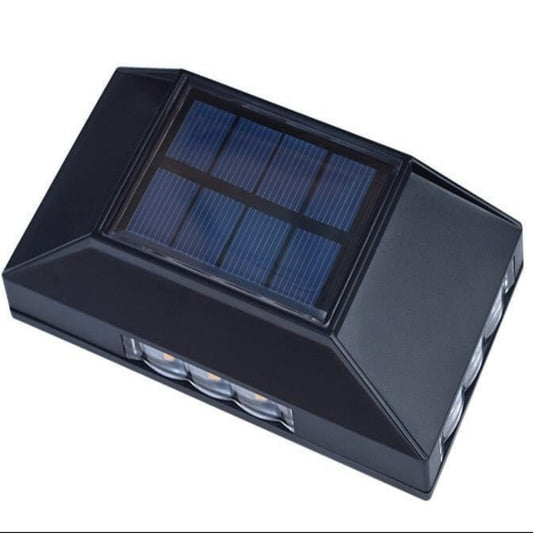 Waterproof 12 LED solar wall lamp in black with high-efficiency polycrystalline solar panel.