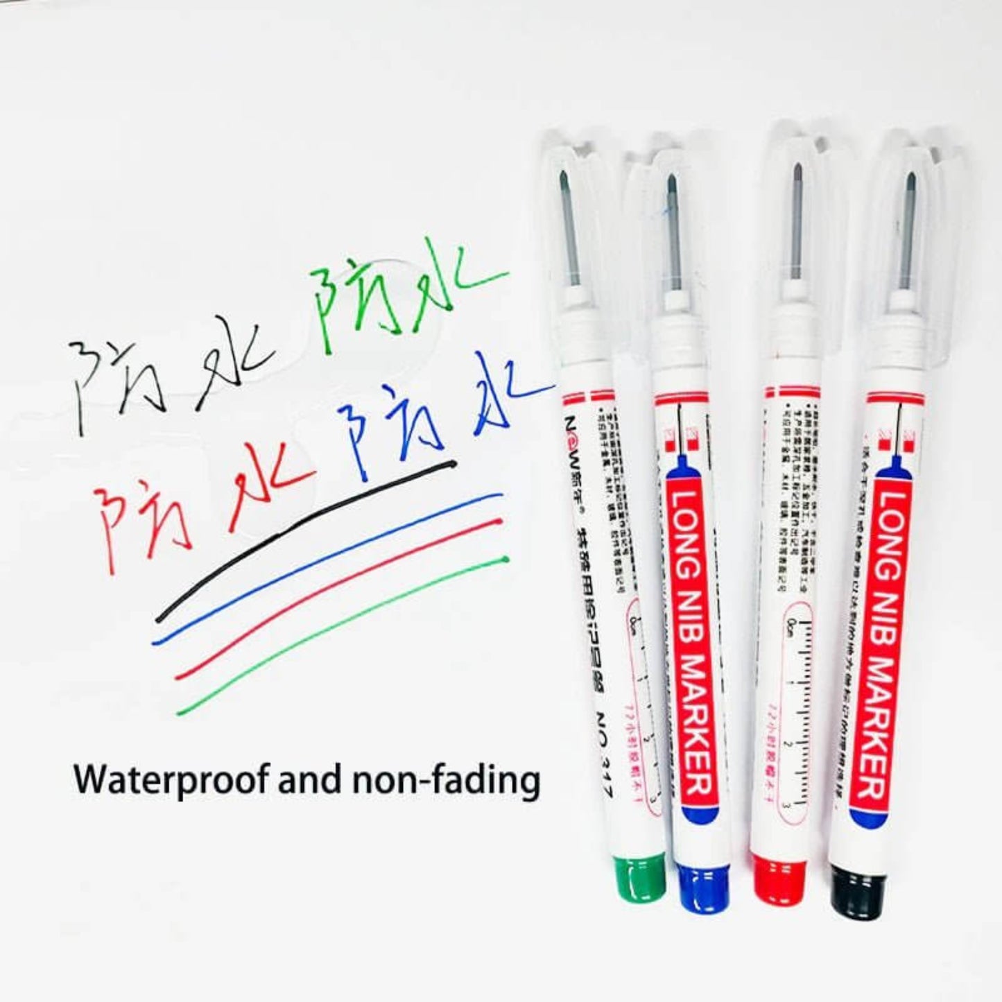 22mm Deep Hole Long Nib Head Markers in black, blue, red, and green with waterproof and non-fading ink.