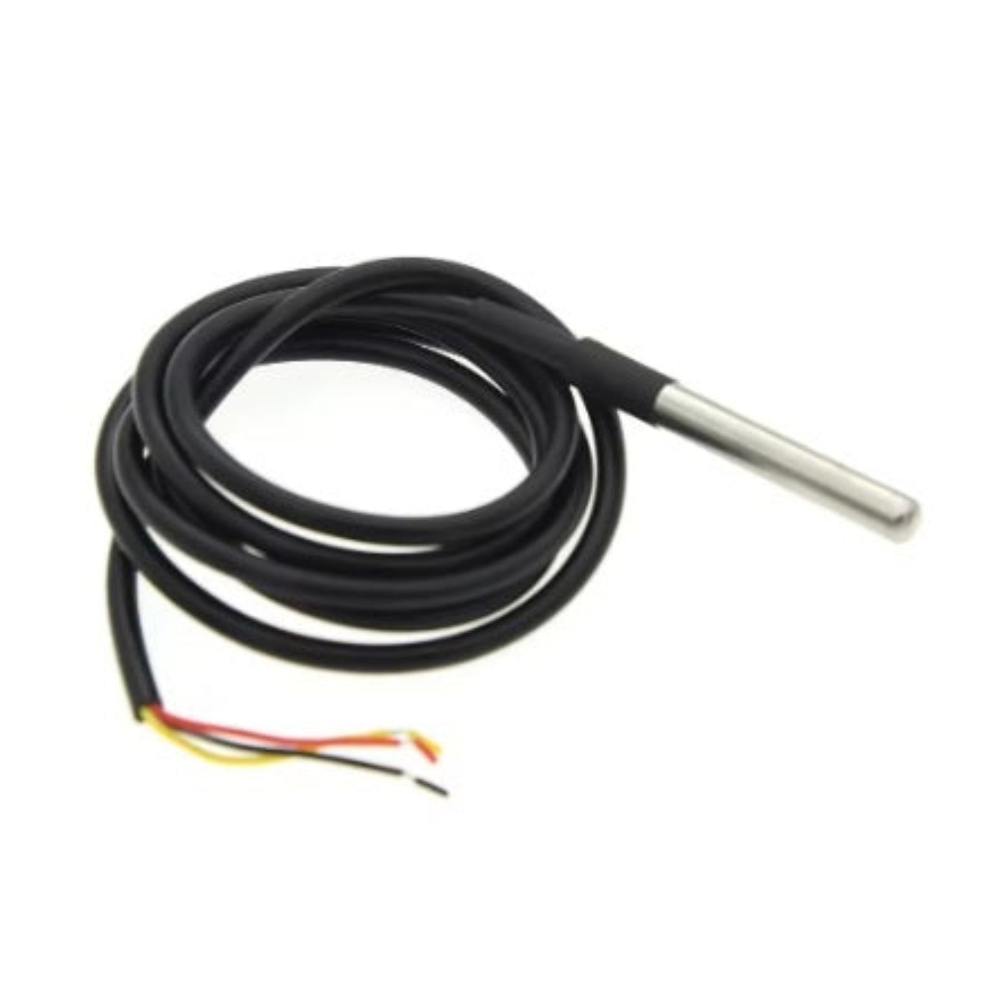 Waterproof DS18B20 digital temperature sensor probe with 60cm cable and stainless steel tip for Arduino and IoT projects.
