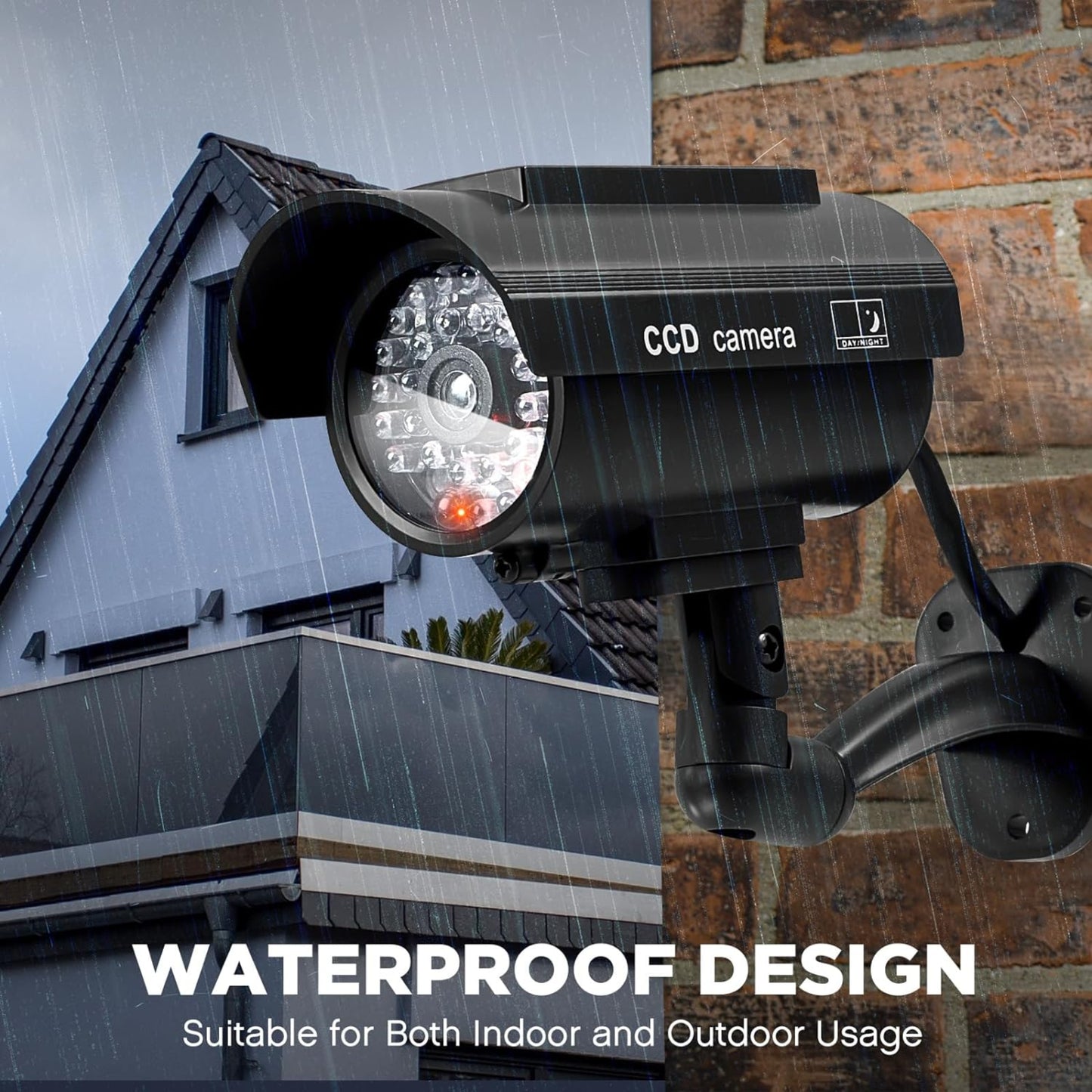 防水仿真攝像機安裝於室外牆面，能應付雨天環境。Waterproof fake camera installed outdoors, suitable for rain.