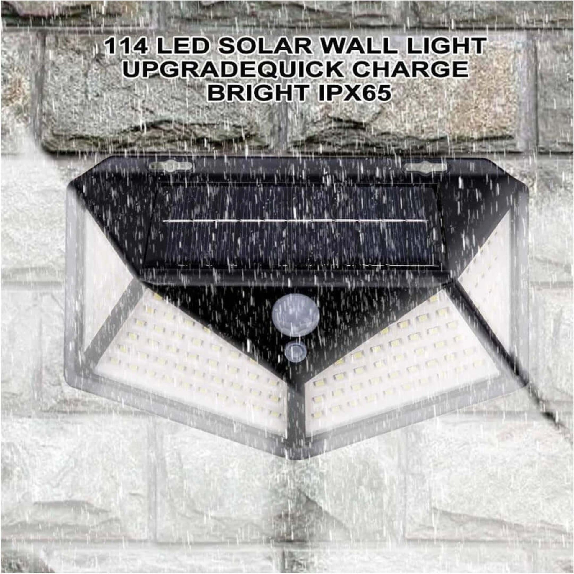 The 114 LED solar wall light mounted on a brick wall, demonstrating its IP65 waterproof feature in the rain.