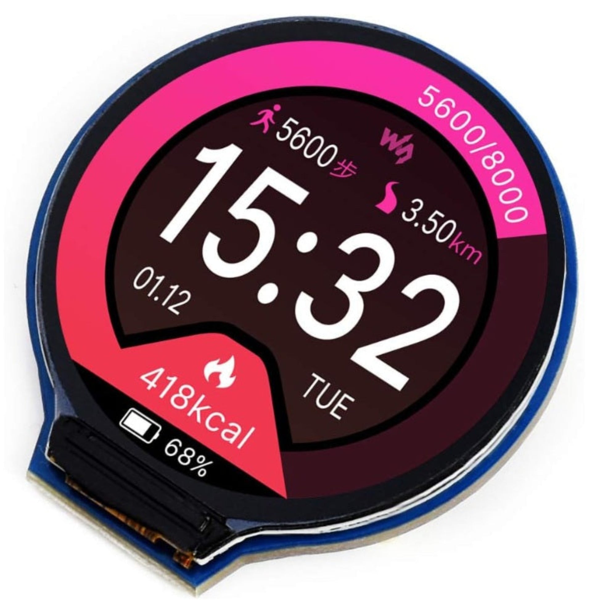 Waveshare 1.28 inch round LCD display module featuring a colorful circular smartwatch interface and 240x240 resolution.
