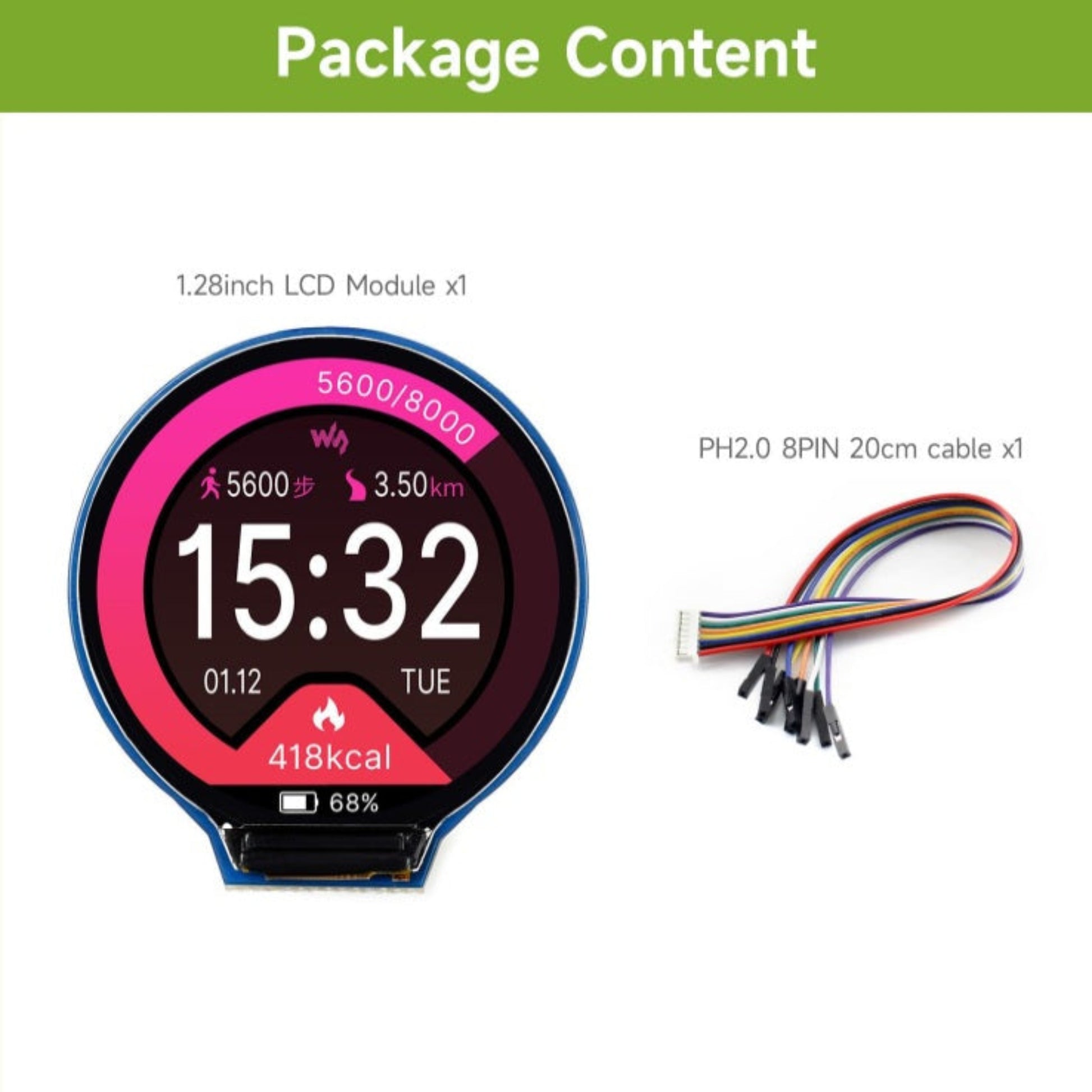 Package contents including one 1.28 inch round LCD module and one PH2.0 8-pin 20cm connecting cable.