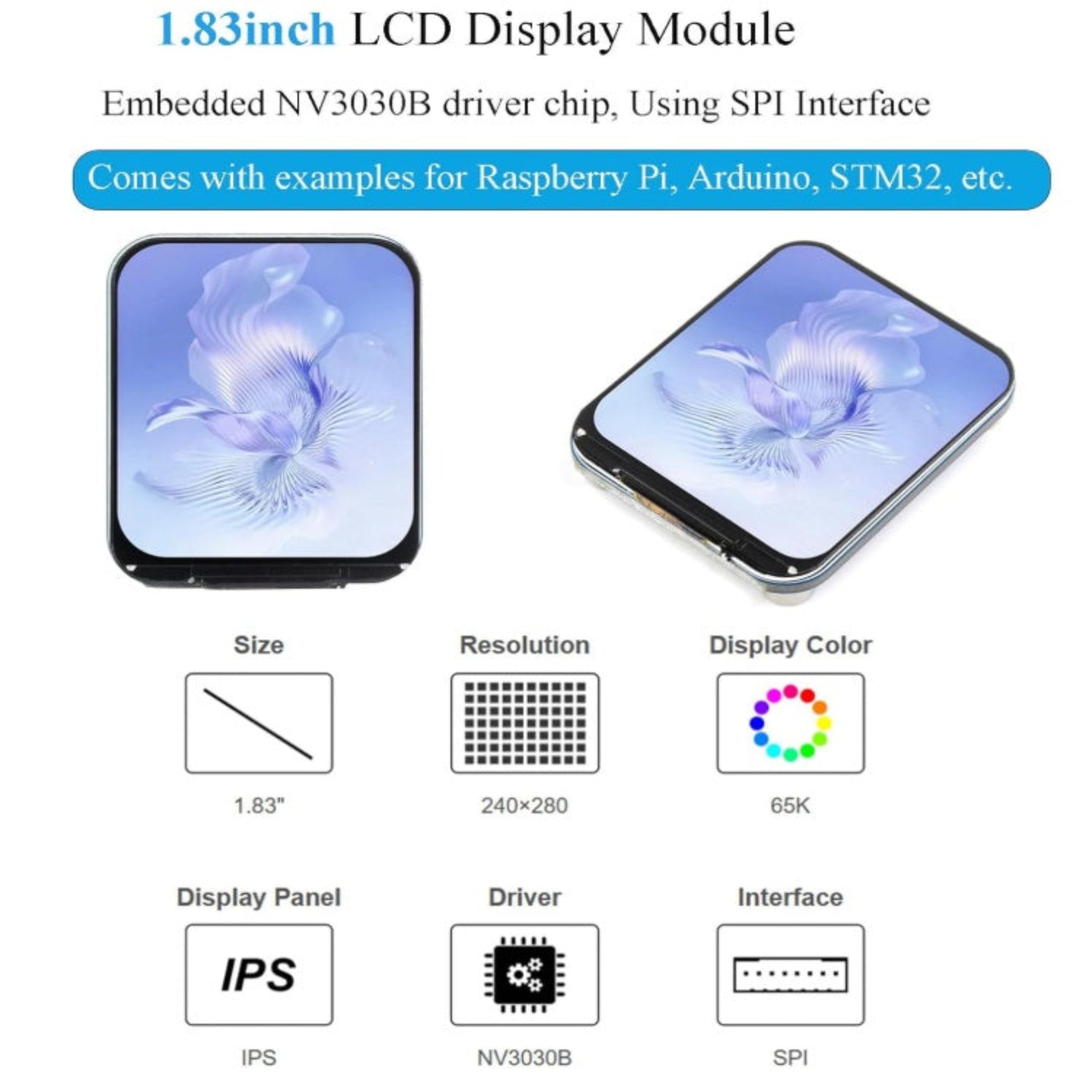 1.83" LCD features: 65K colors, IPS panel, 3.3V/5V logic compatibility, and 240x280 resolution.