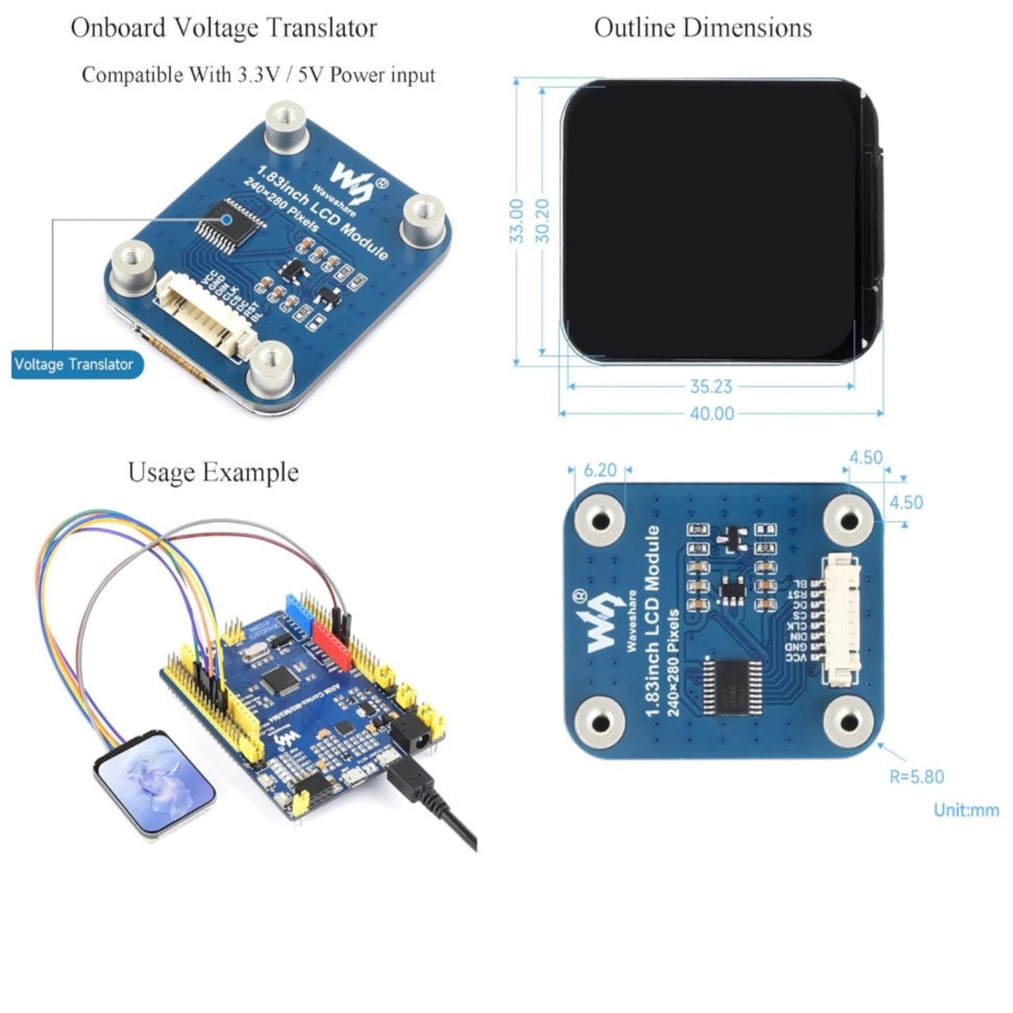 Package contents including the 1.83 inch LCD module and GH1.25 8-pin connecting cable.