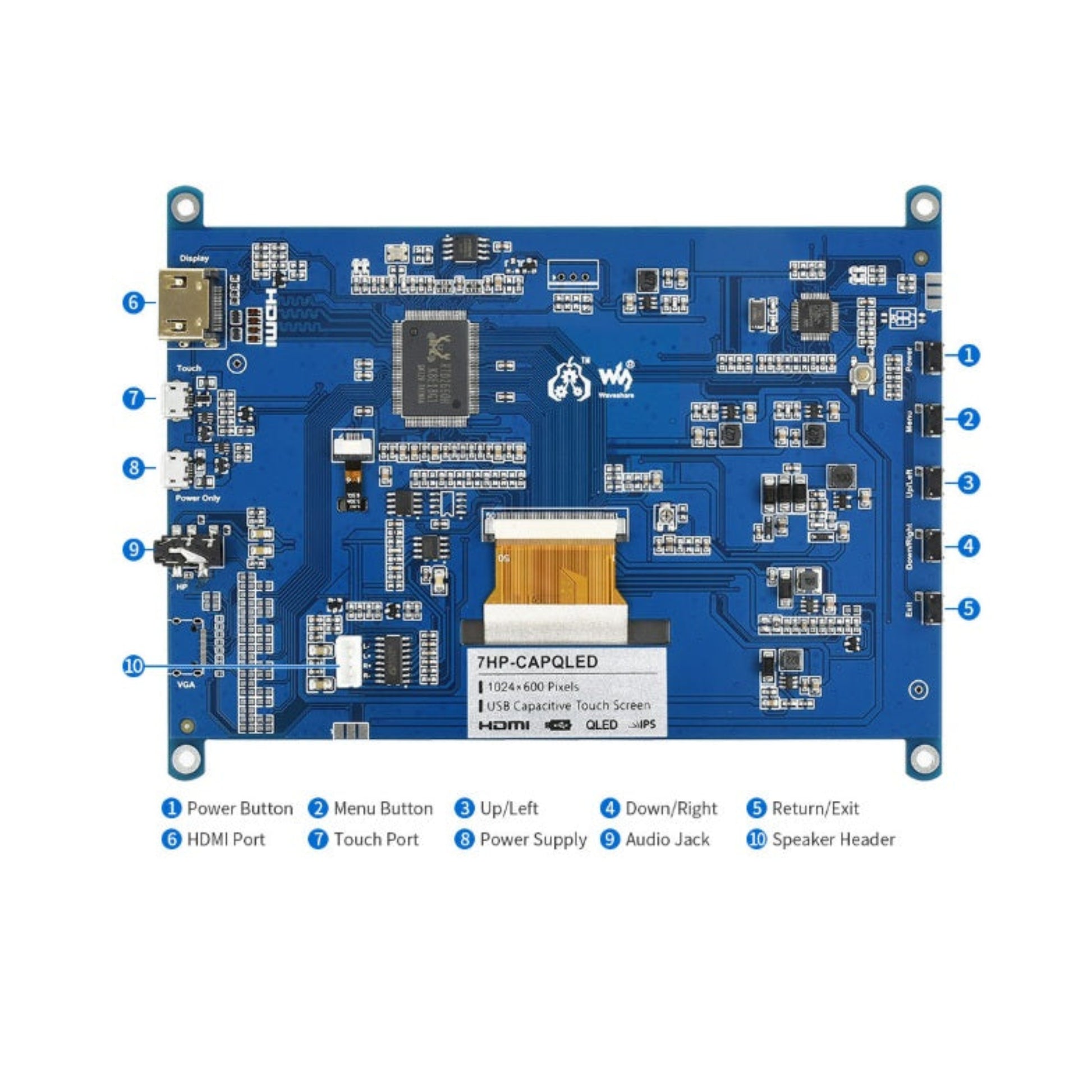 Waveshare 7吋 QLED 熒幕背面底板與接口分佈，支援 HDMI 及 USB 觸控，適合各類開發板。
