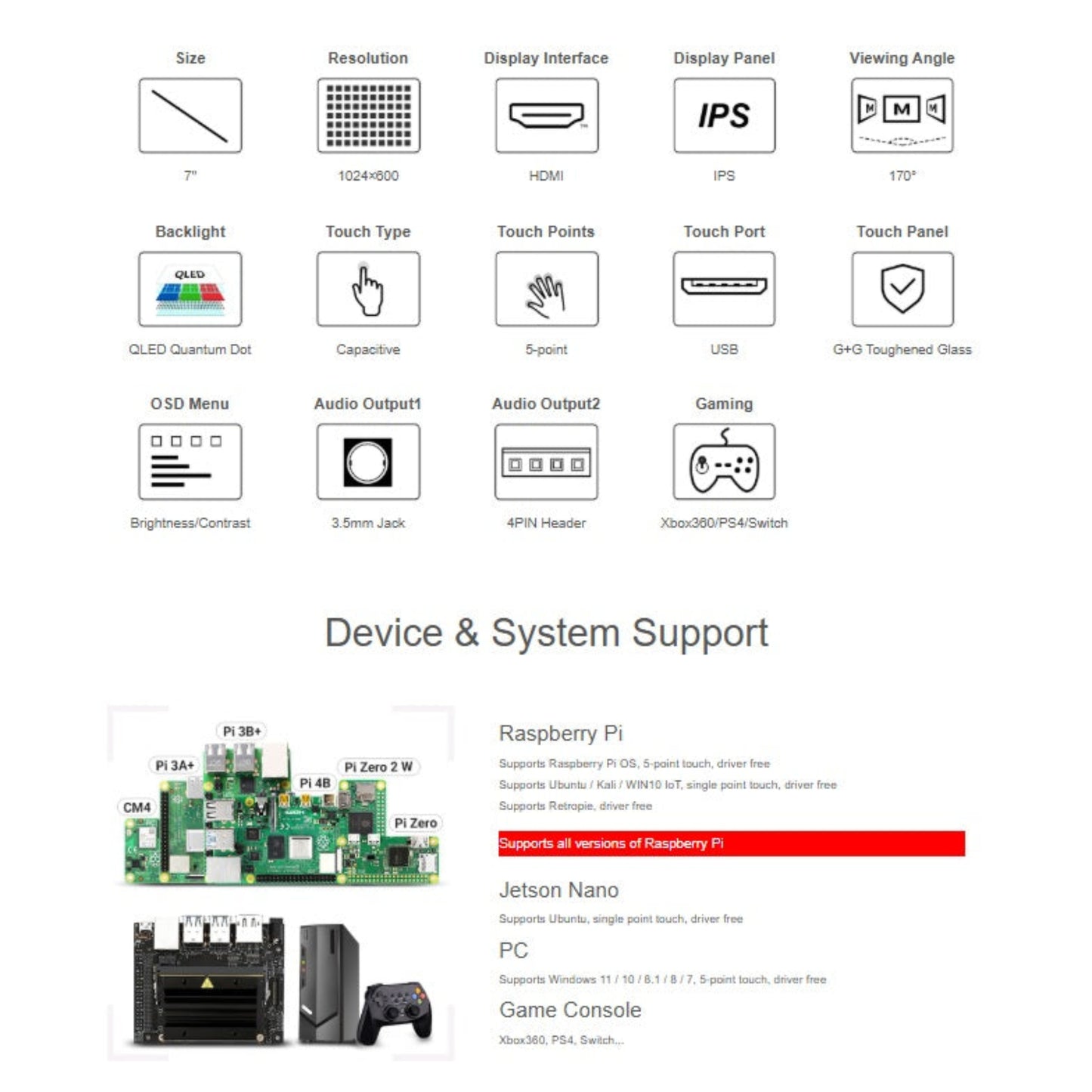 Waveshare 7吋觸控熒幕規格及支援系統，兼容所有 Raspberry Pi 版本、Jetson Nano 及遊戲機。
