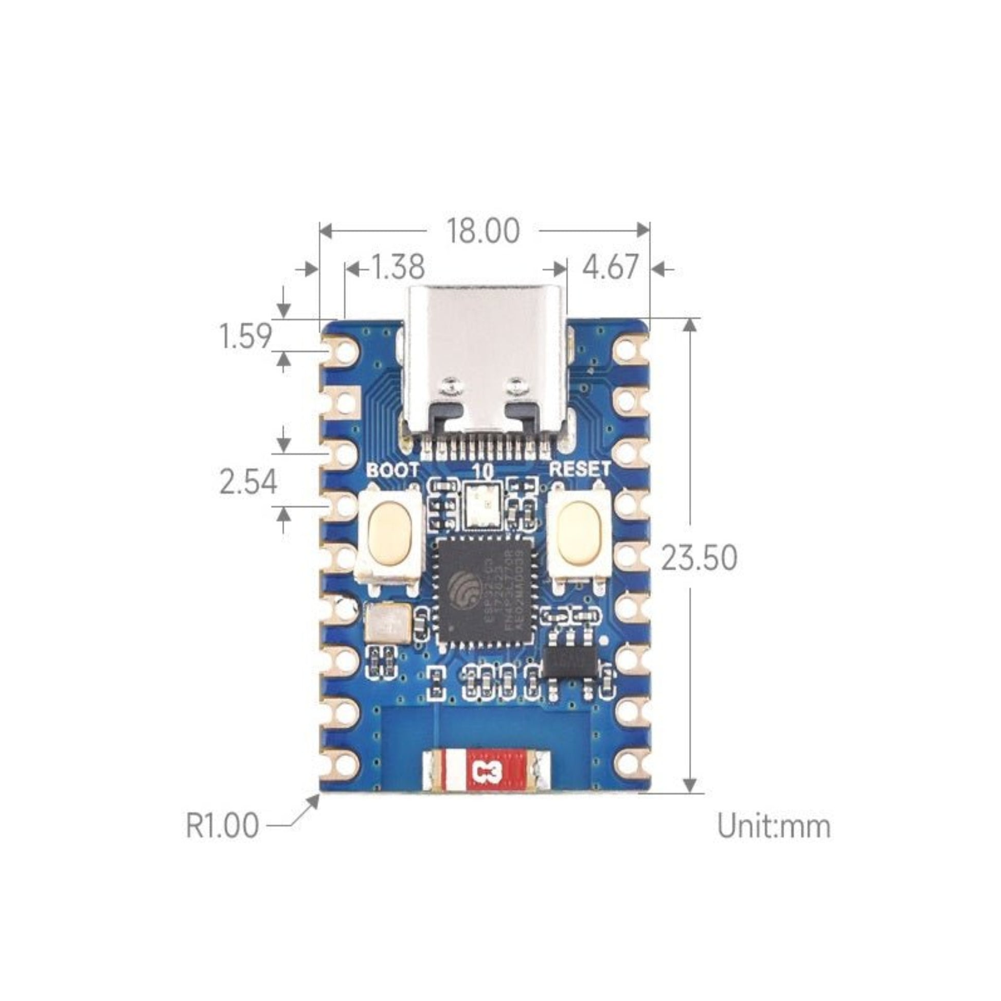 ESP32-C3 Mini Development Board dimensions with USB-C port, buttons, and processor layout for electronics projects.
