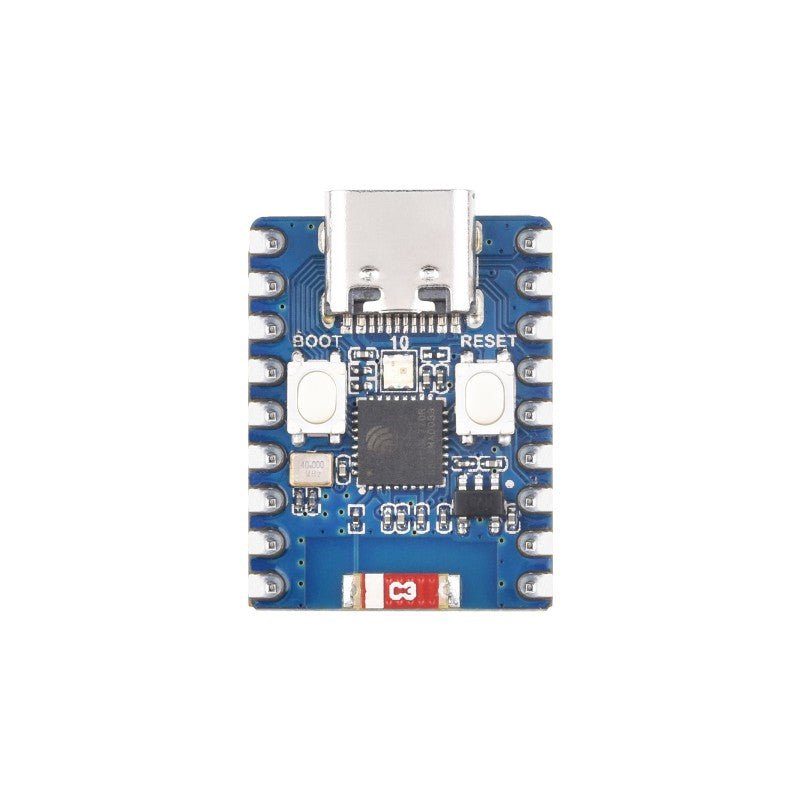 ESP32-C3 mini development board with USB-C, reset, and boot buttons for easy programming.